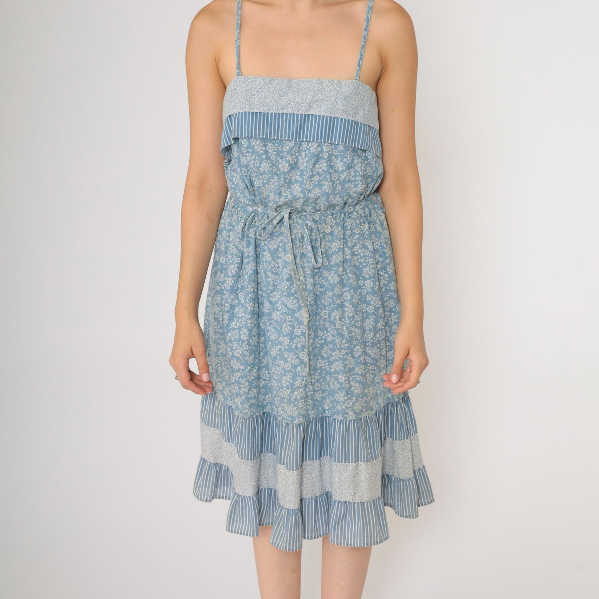 70s Floral Blue Tiered Sundress Spaghetti Strap High Waist Knee Length Small