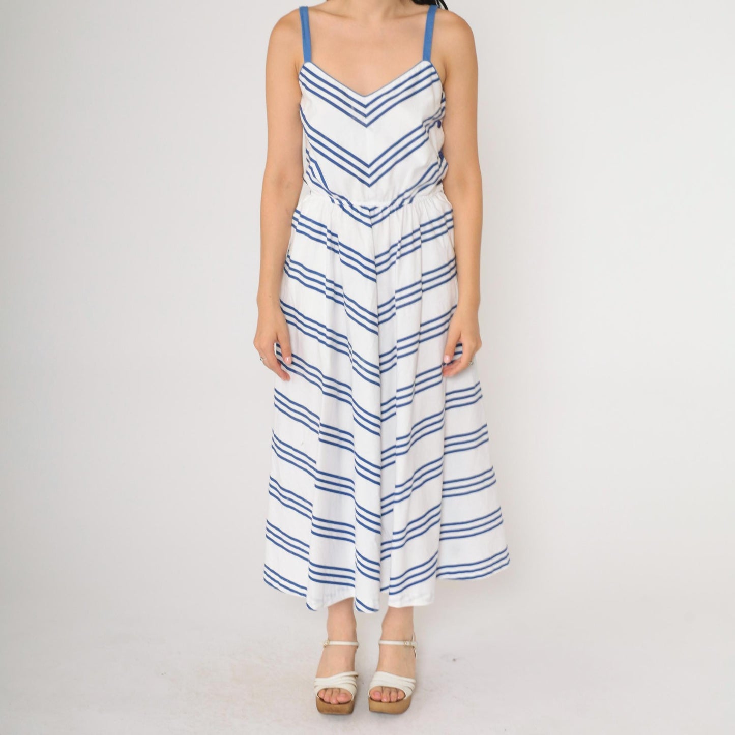 70s Lanz Originals Chevron Midi Sundress Blue White High Waist Small