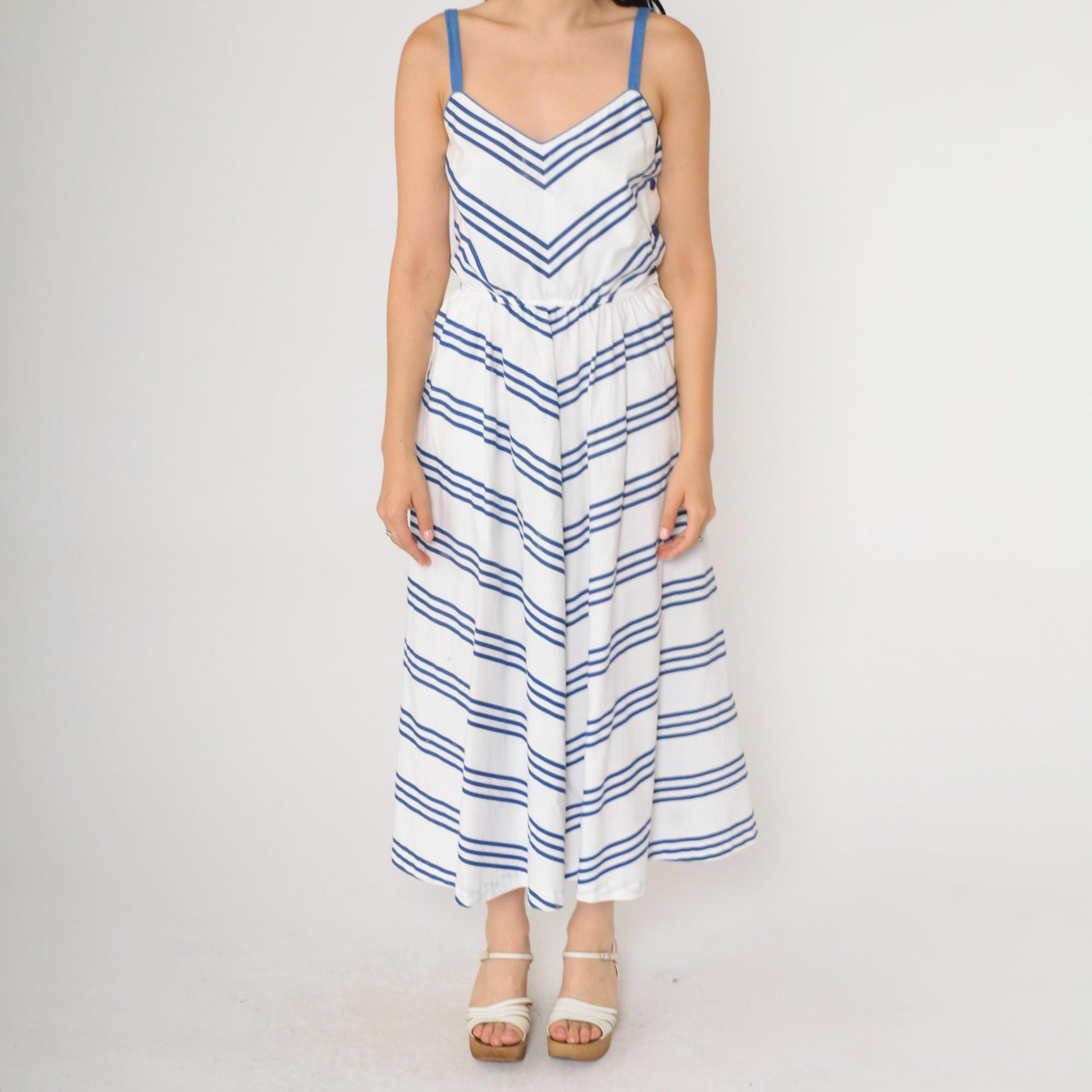 70s Lanz Originals Chevron Midi Sundress Blue White High Waist Small