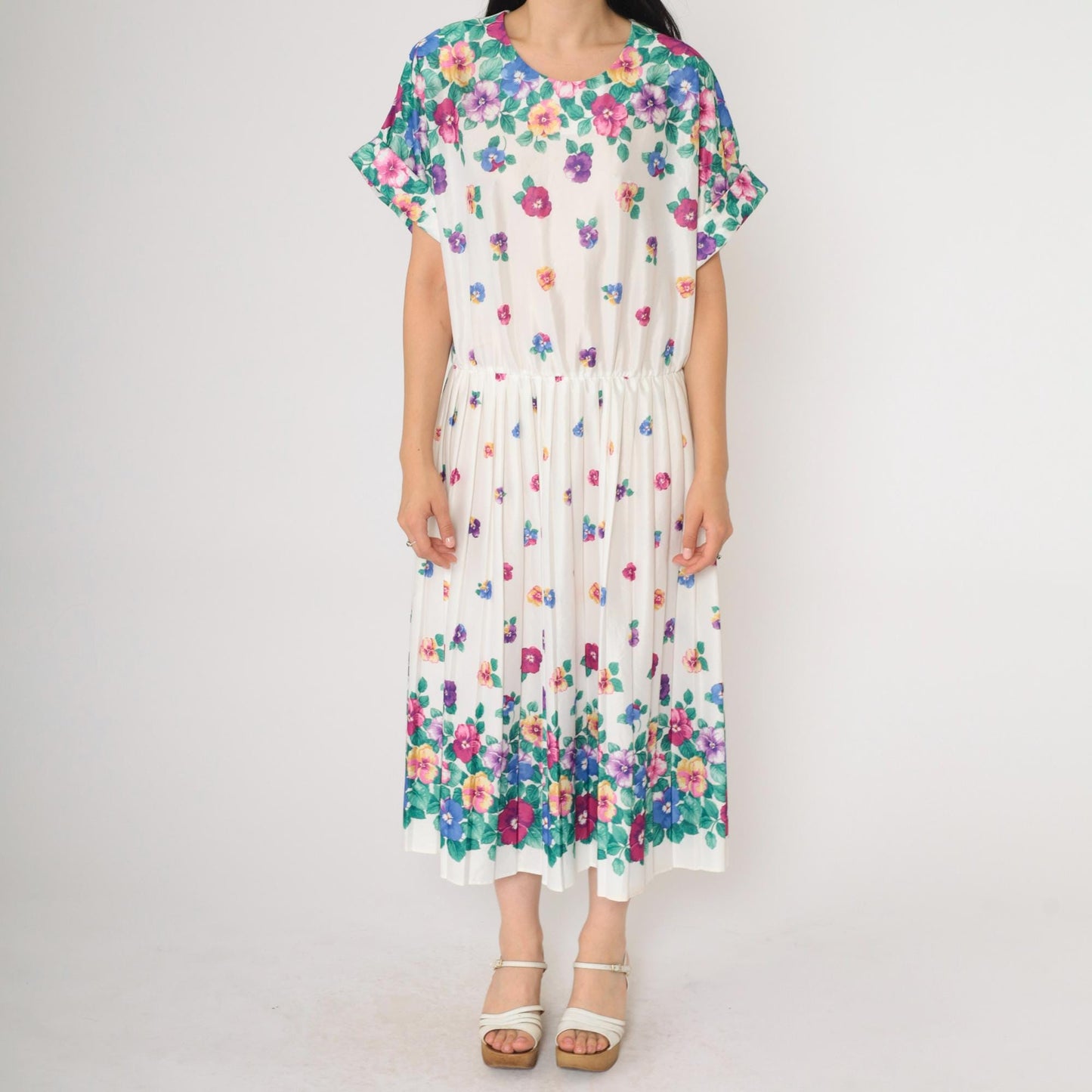 80s Floral Midi Dress White Multicolor Pleated High Waist Short Sleeve Extra Large