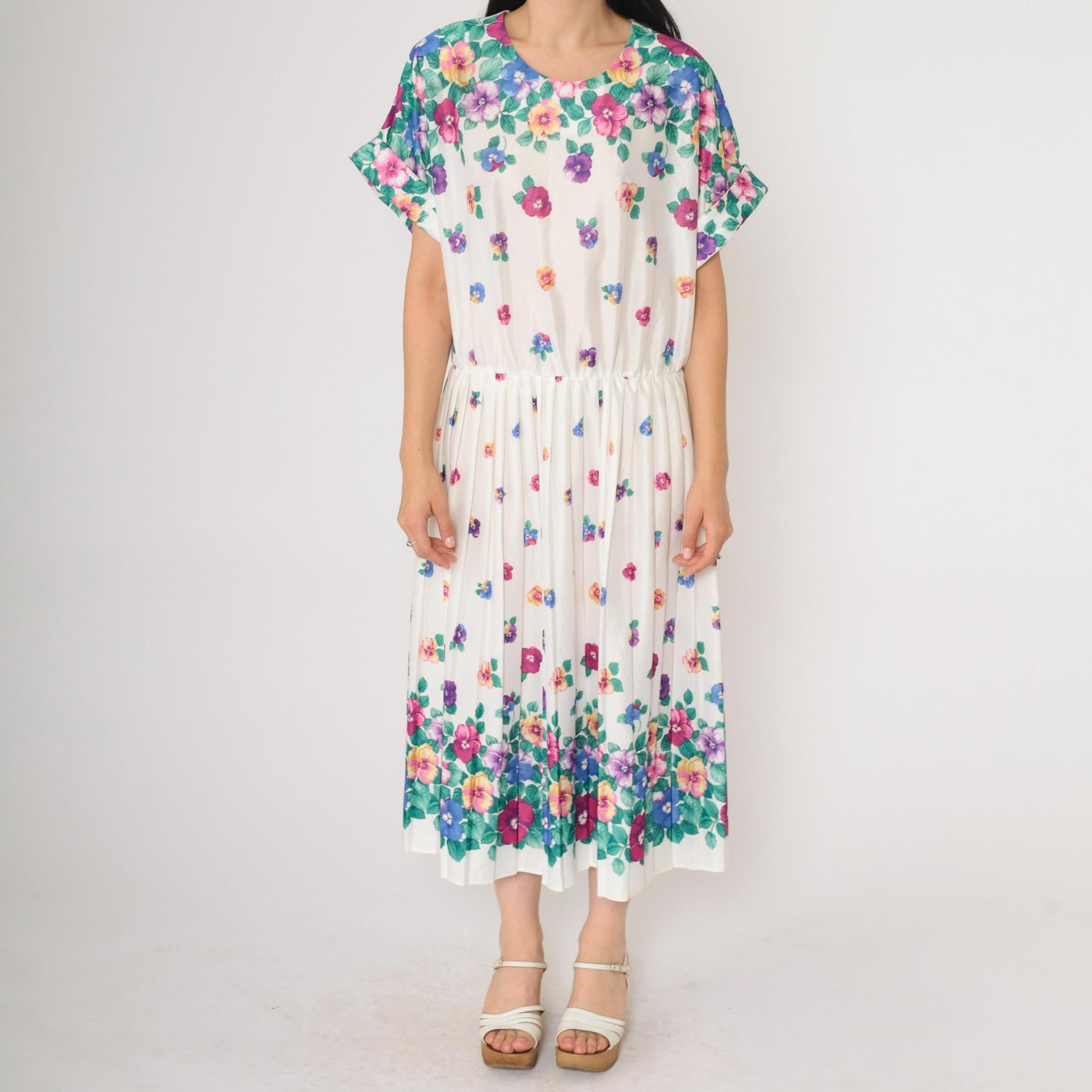 80s Floral Midi Dress White Multicolor Pleated High Waist Short Sleeve Extra Large