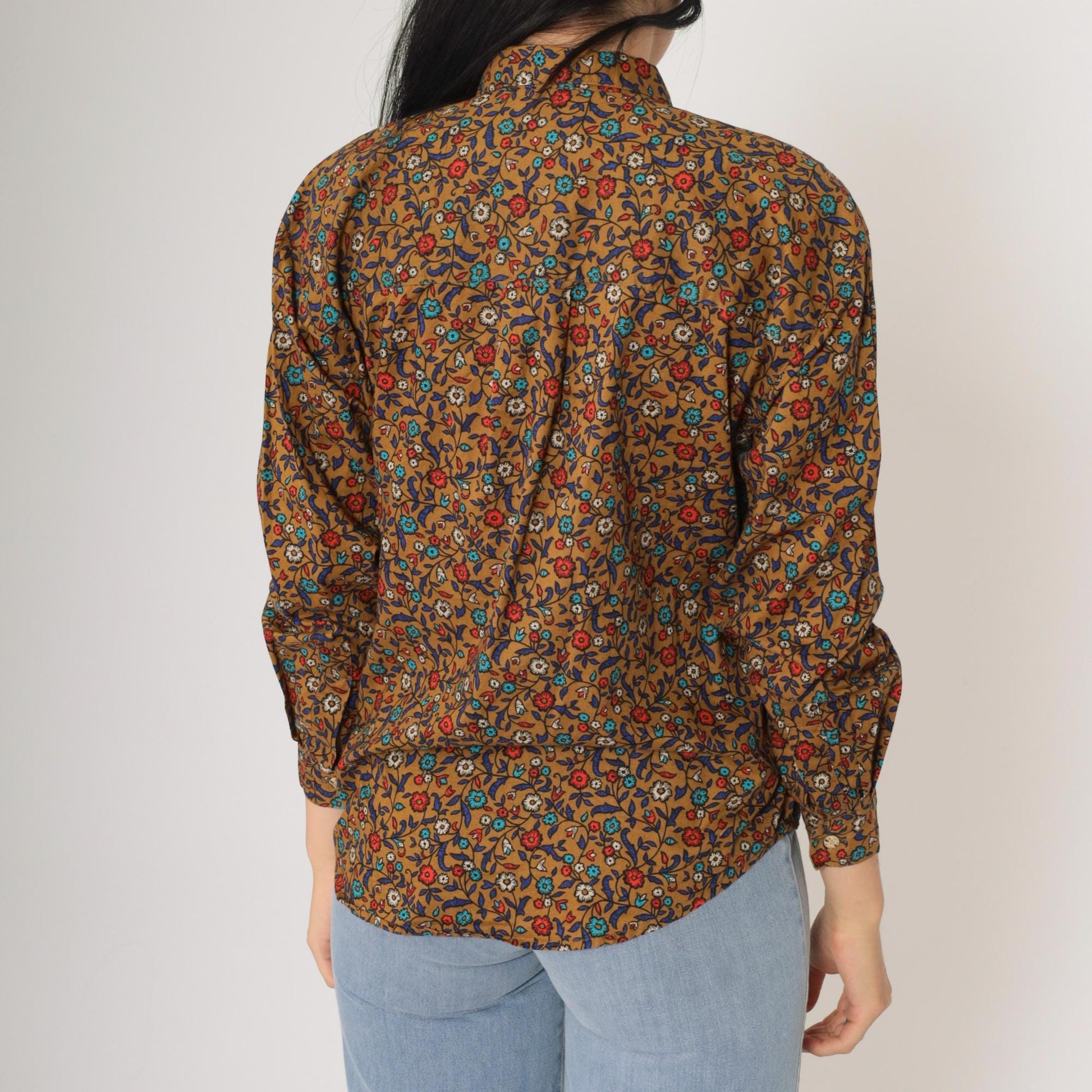 Y2K Levi's Dockers Floral Button-Up Blouse Brown Cotton Long Sleeve Small
