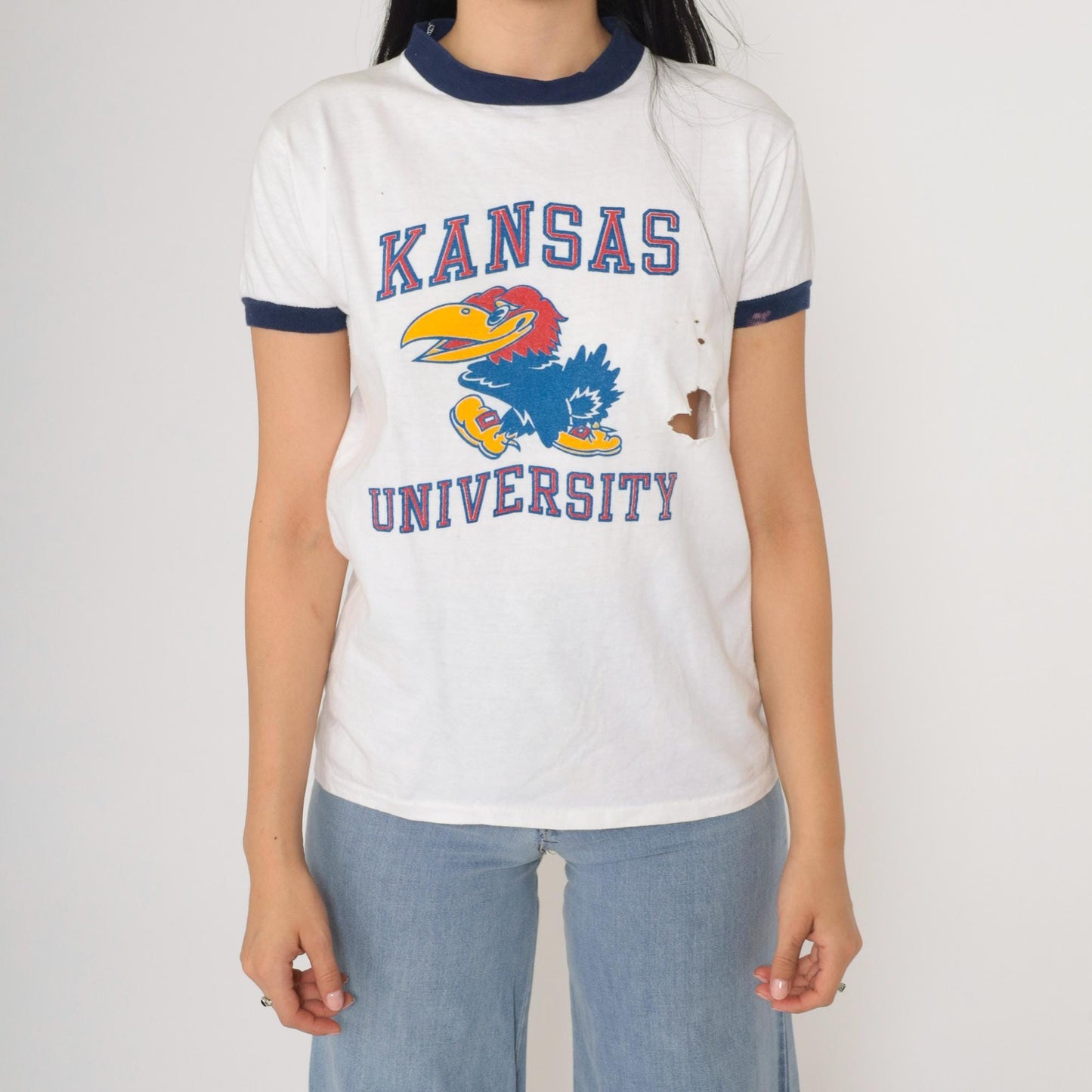 80s University of Kansas Jayhawks Ringer Tee White Graphic Athletic Shirt Small