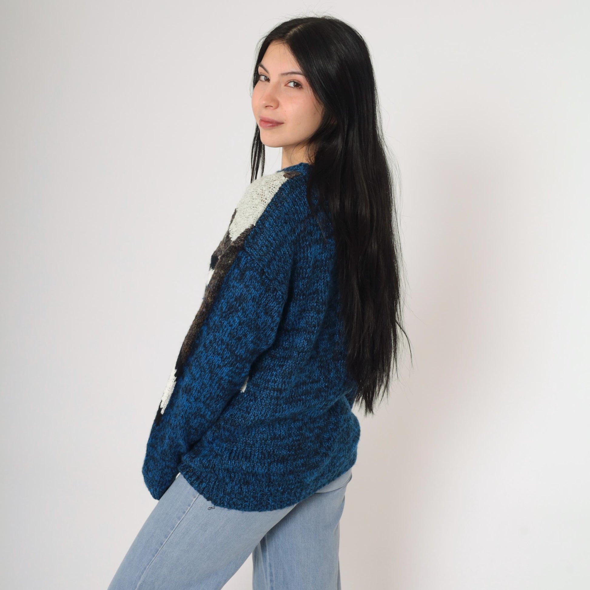80s Geometric Space Dye Sweater Blue Striped Knit Pullover Small