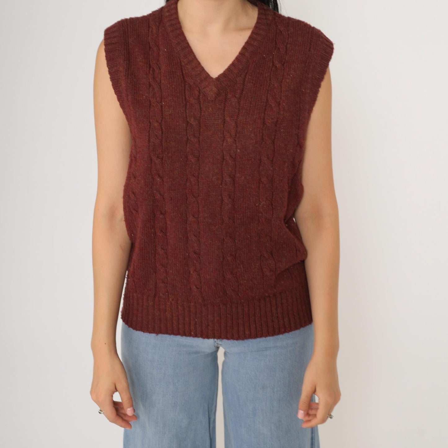 80s Gap Cable Knit Vest Burgundy Flecked V-Neck Sleeveless Sweater Medium