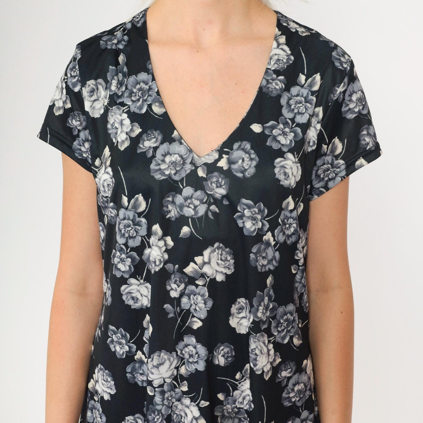 90s No Boundaries Black Floral Maxi Dress Rose Print V-Neck Short Sleeve Large L