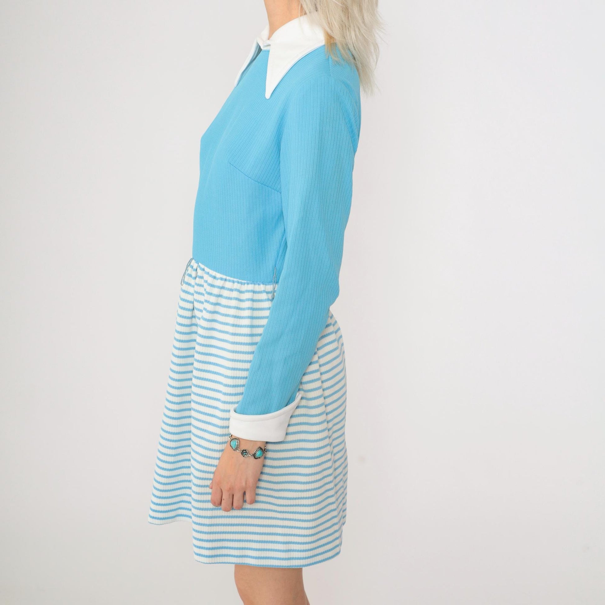 70s Vicky Vaughn Mini Dress Blue Striped Contrast Collar Long Sleeve Small