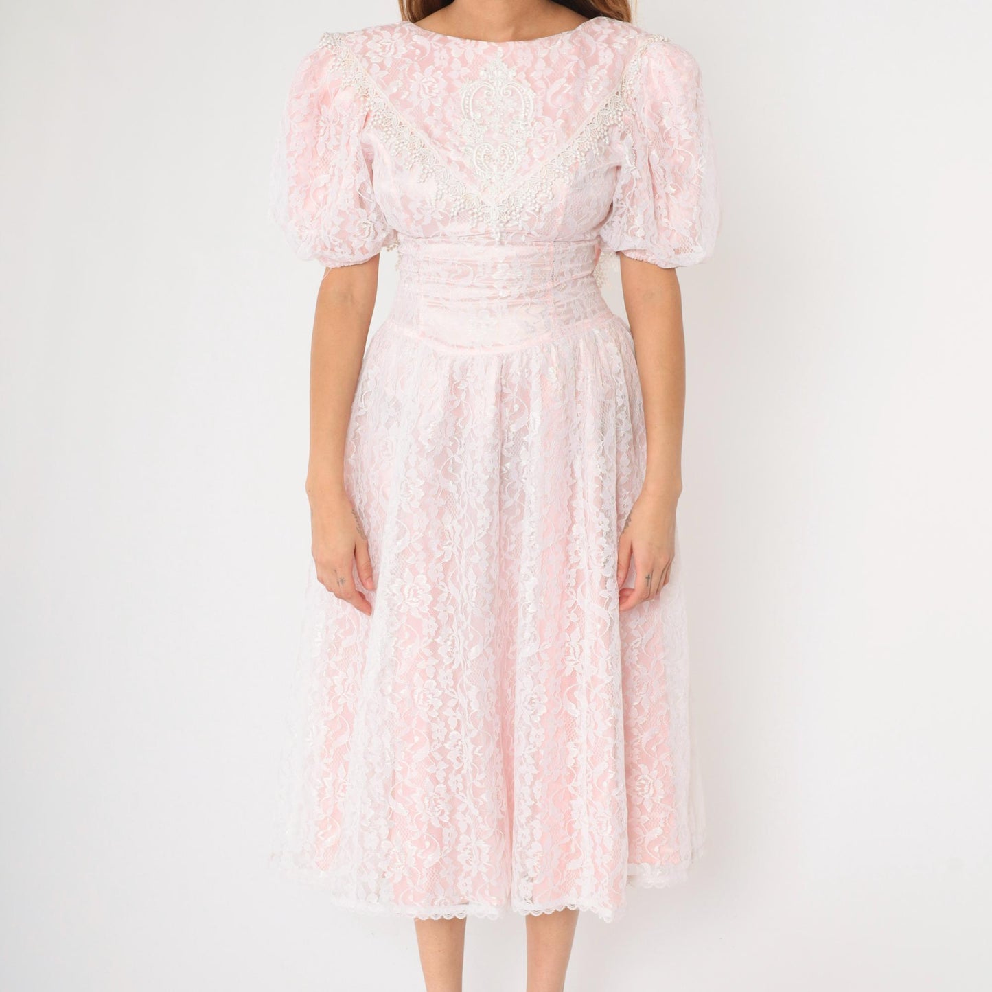 80s Gunne Sax Pink Lace Puff Sleeve Midi Dress White Overlay Small