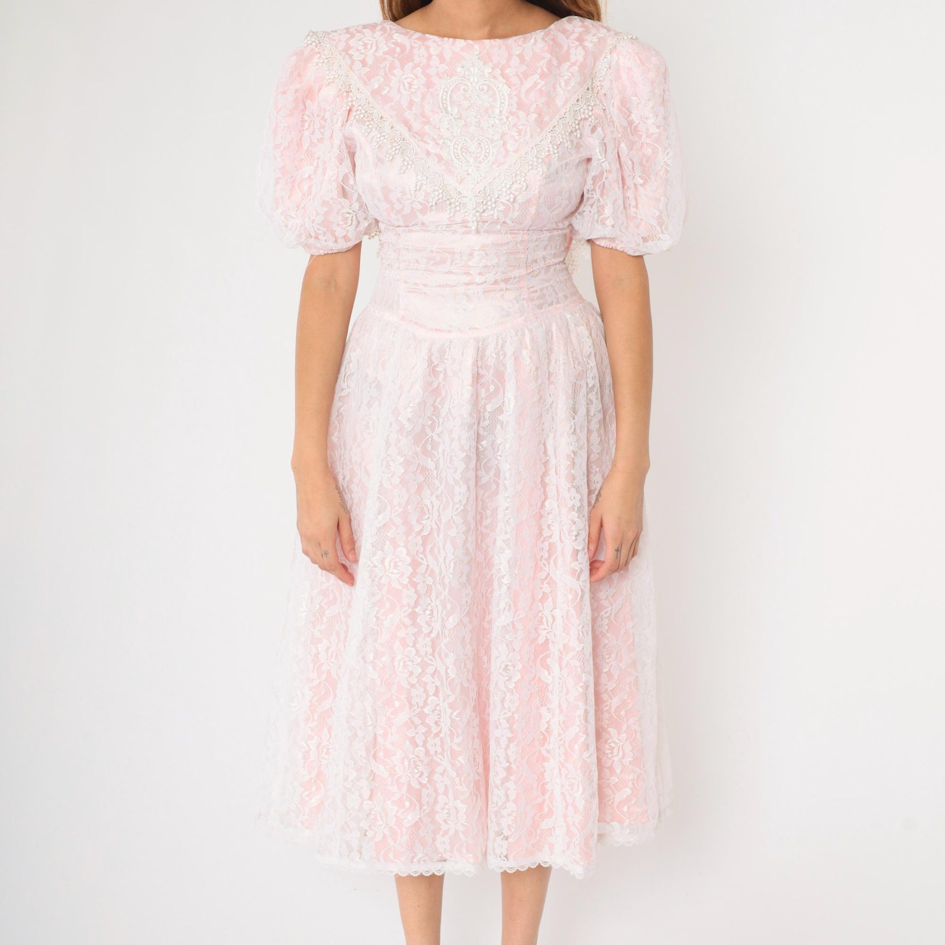 80s Gunne Sax Pink Lace Puff Sleeve Midi Dress White Overlay Small
