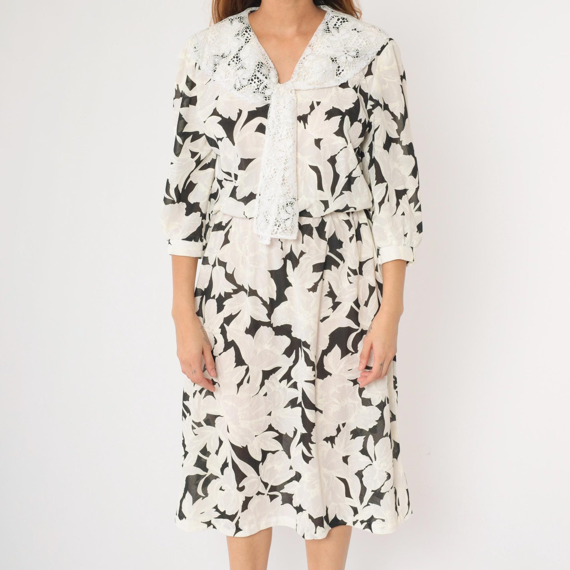 80s Black White Floral Midi Dress Lace Collar Puff Sleeve Small Medium