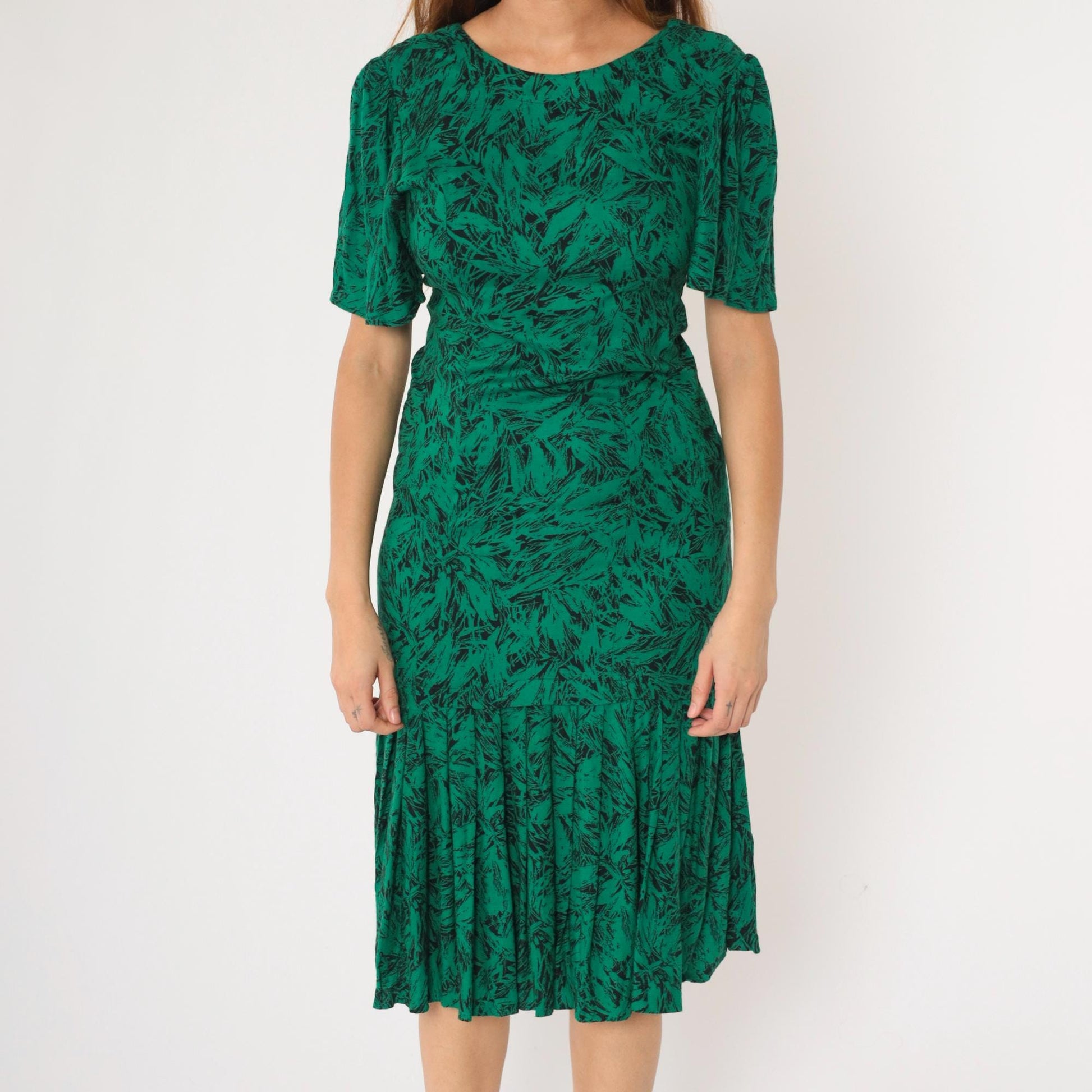 80s Green Abstract Leaf Print Midi Dress Puff Sleeve Drop Waist Small