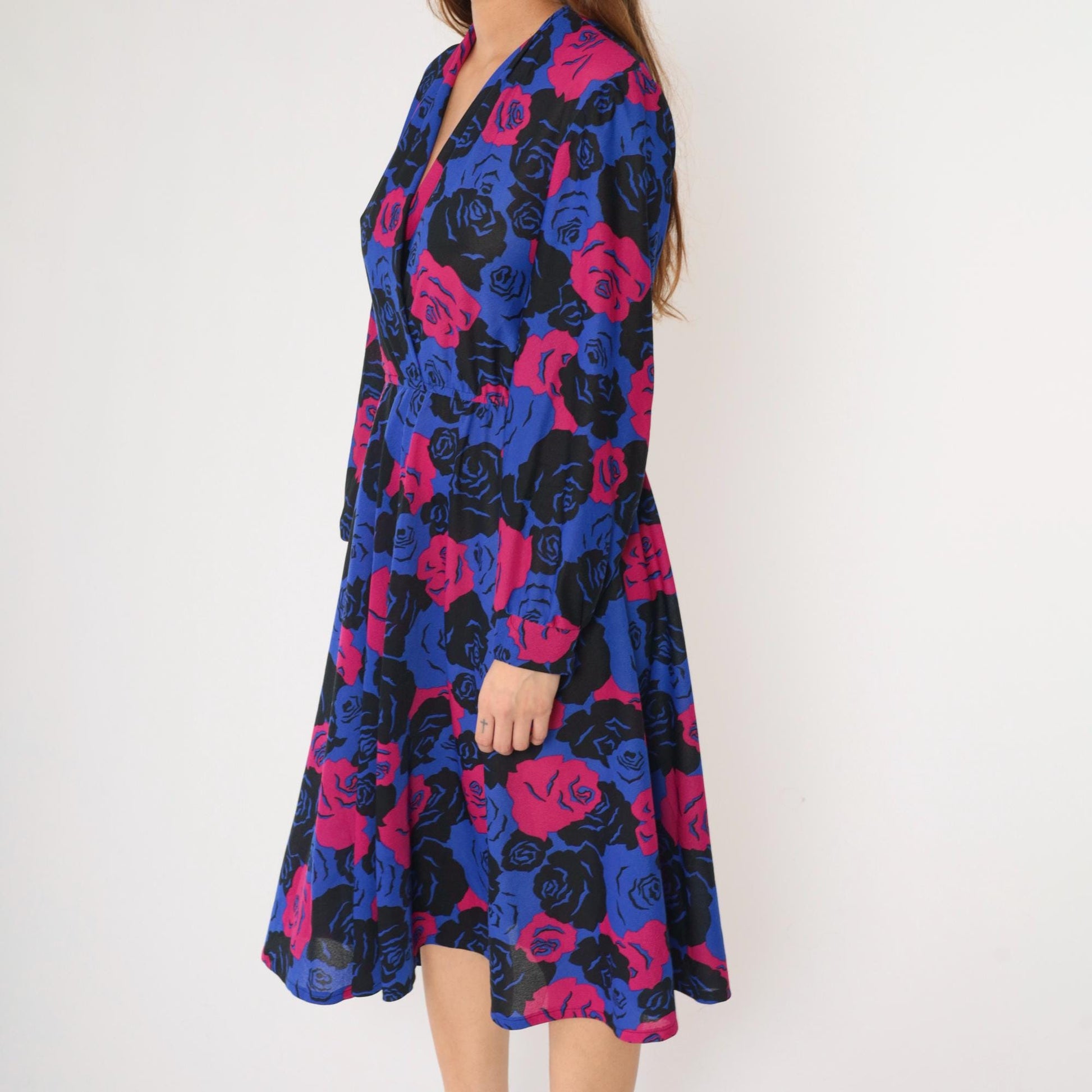 80s Floral Wrap Dress Midi Long Sleeve High Waist Blue Pink Rose Print Medium