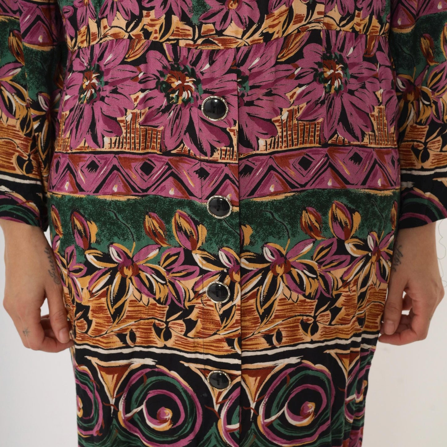 90s Geometric Floral Midi Dress Purple Green High Waist Long Sleeve Medium