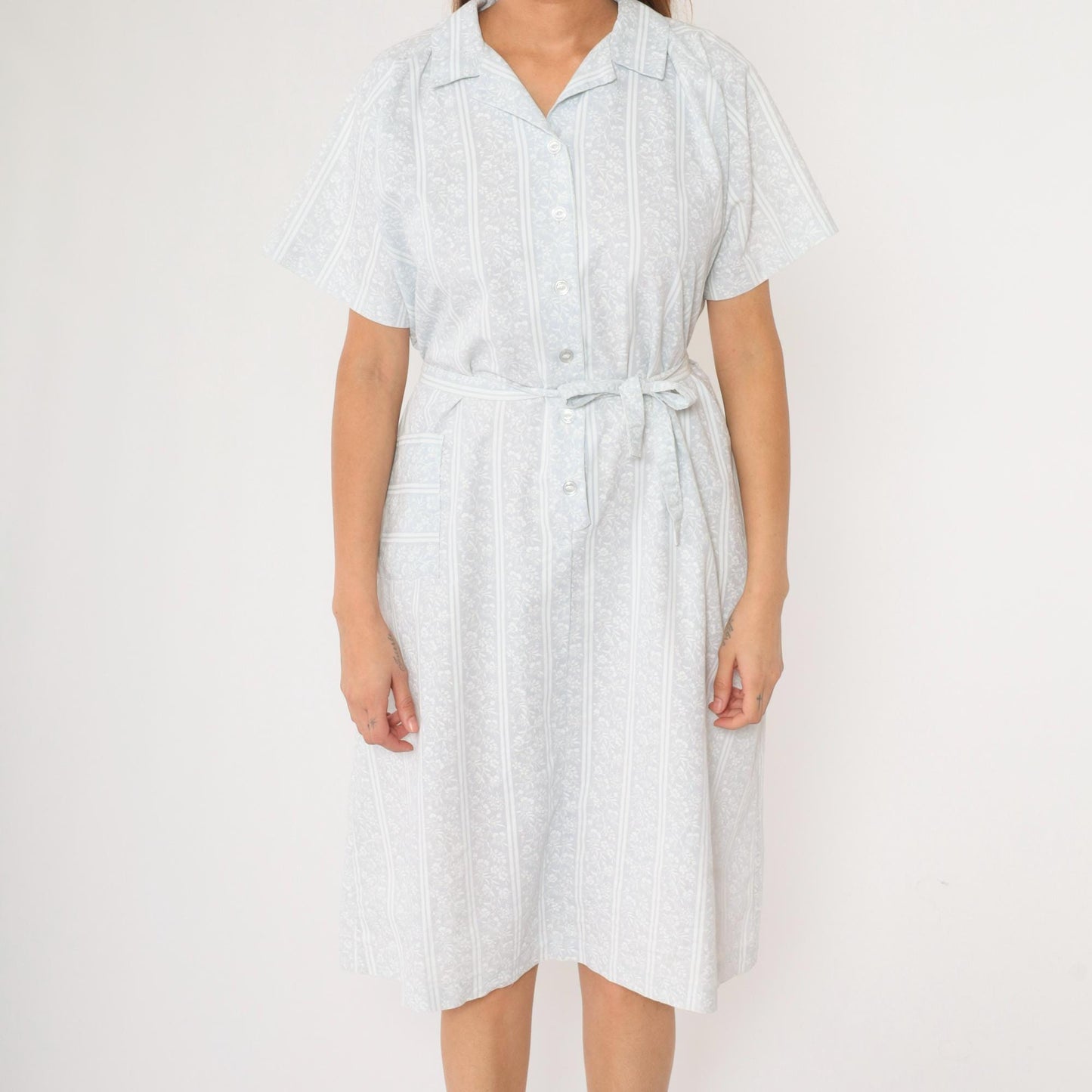 70s American Frock Baby Blue Floral Striped Midi Shirt Dress Large