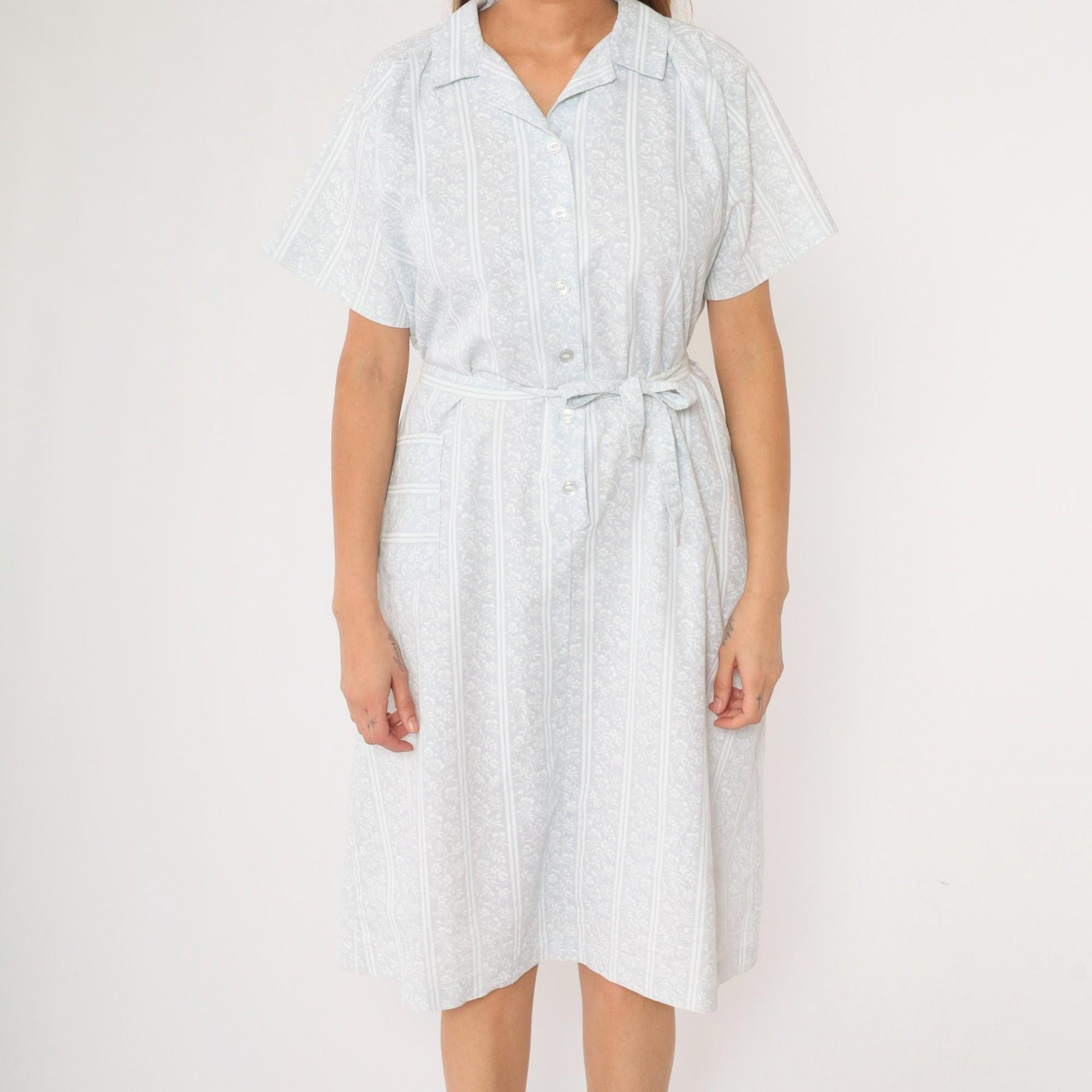 70s American Frock Baby Blue Floral Striped Midi Shirt Dress Large
