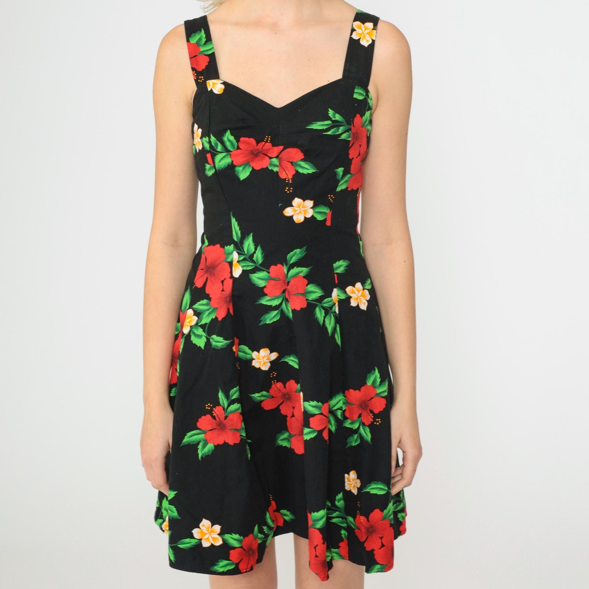 90s Hawaiian Floral Mini Dress Black Sweetheart Smocked Sundress Small S
