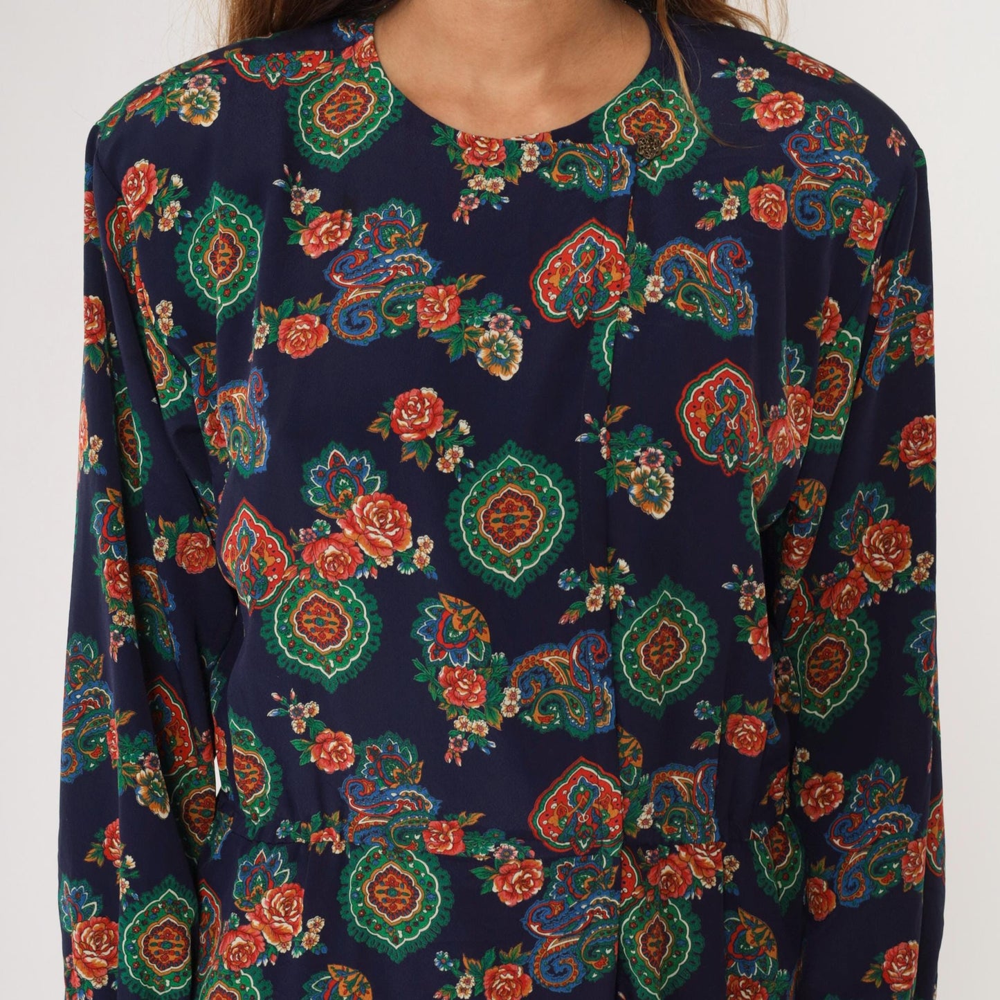 90s Liz Claiborne Paisley Floral Midi Dress Dark Blue High-Waisted Long Sleeve Large