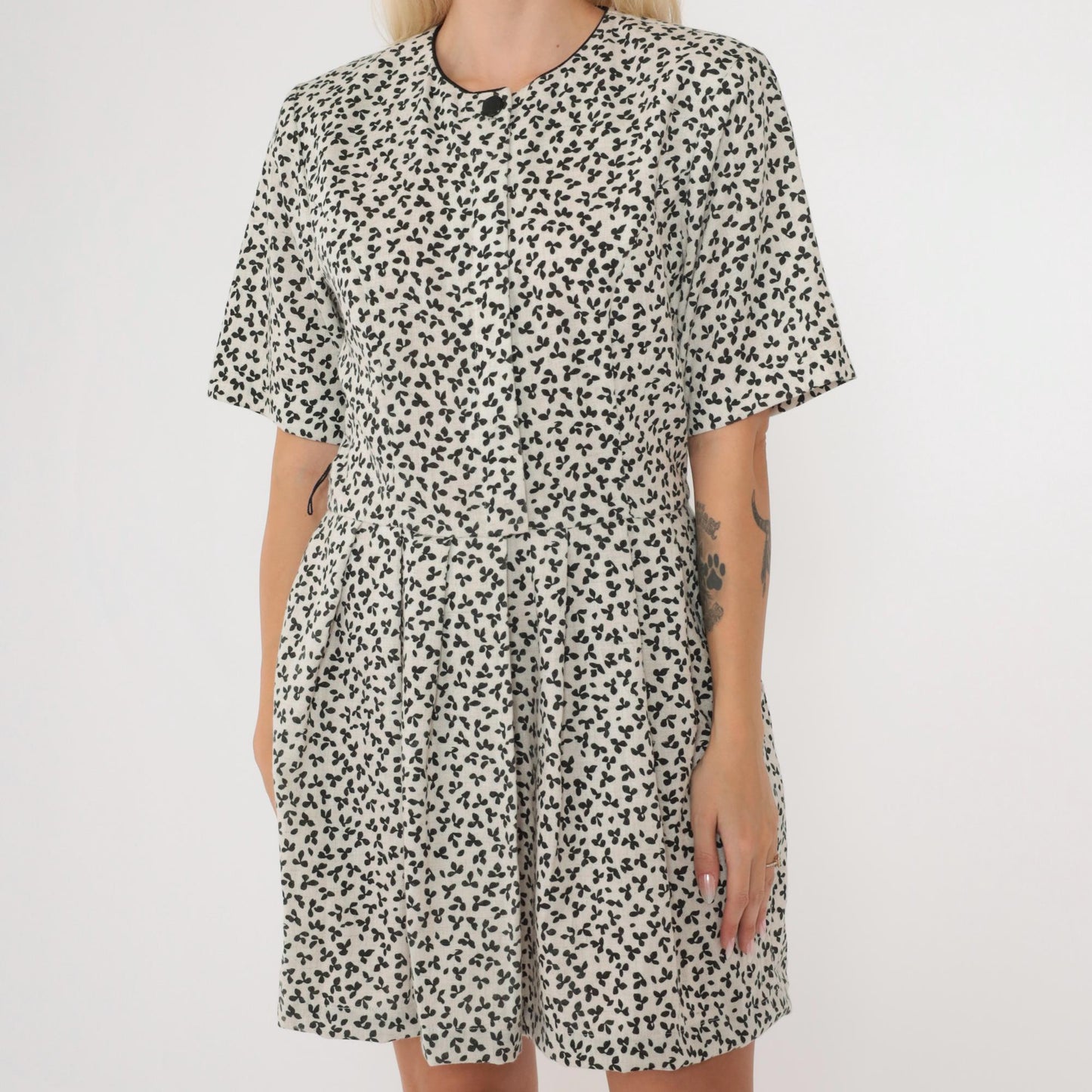 80s Lanz Originals Floral Mini Dress White Black Button-Up High Waisted Medium