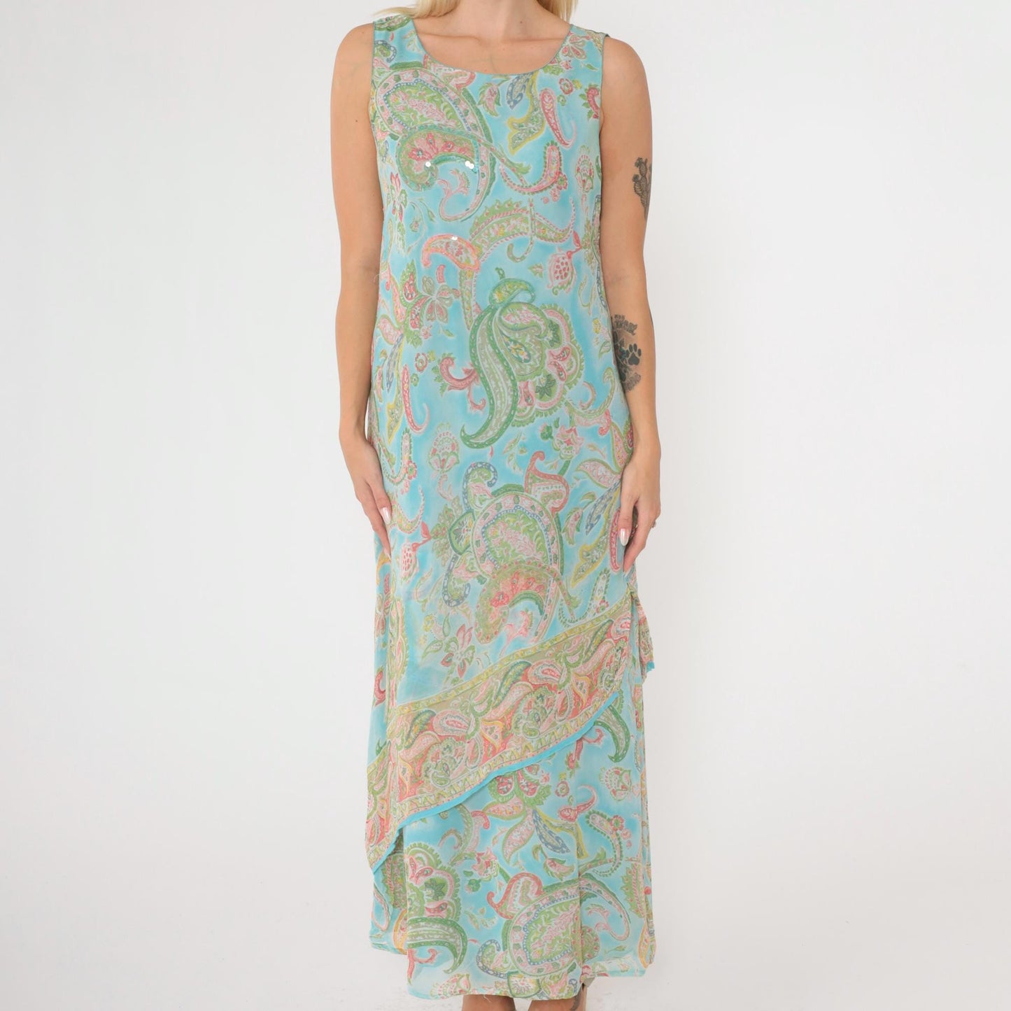 Y2K Paisley Sequin Maxi Dress Blue Sleeveless Draped Medium