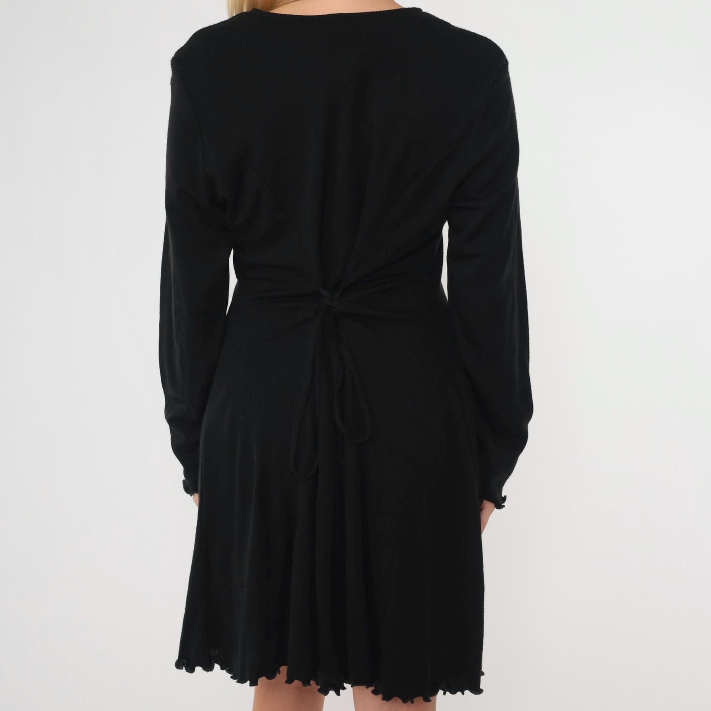 90s Black Shift Dress Lettuce Edge Mini Long Sleeve Lace Pocket Medium