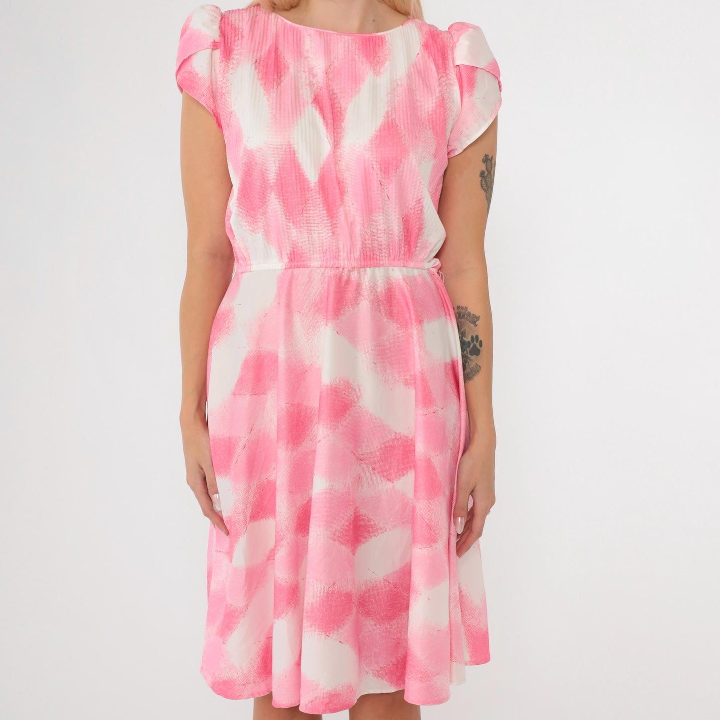 70s Pink Checkered Dress Tulip Sleeve Knee-Length Elastic Waist Small