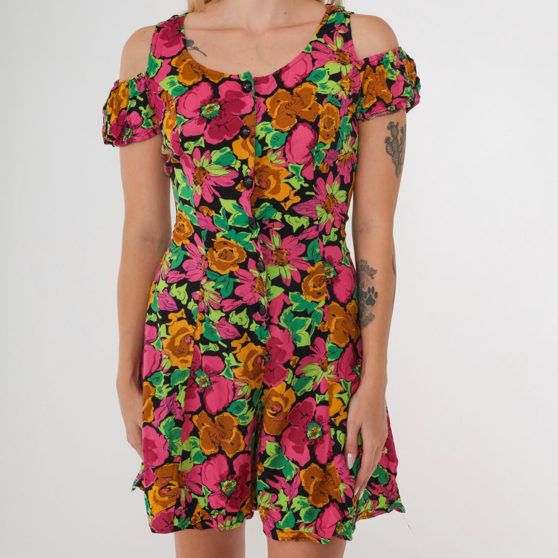 90s Floral Cold Shoulder Romper Wide Leg Playsuit Pink Green Small 5