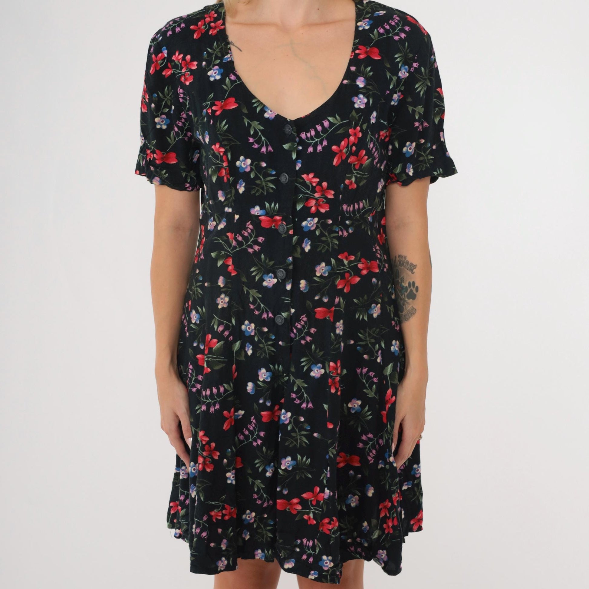90s Black Floral Rayon Romper Wide Leg Scoop Neck Button Up Medium