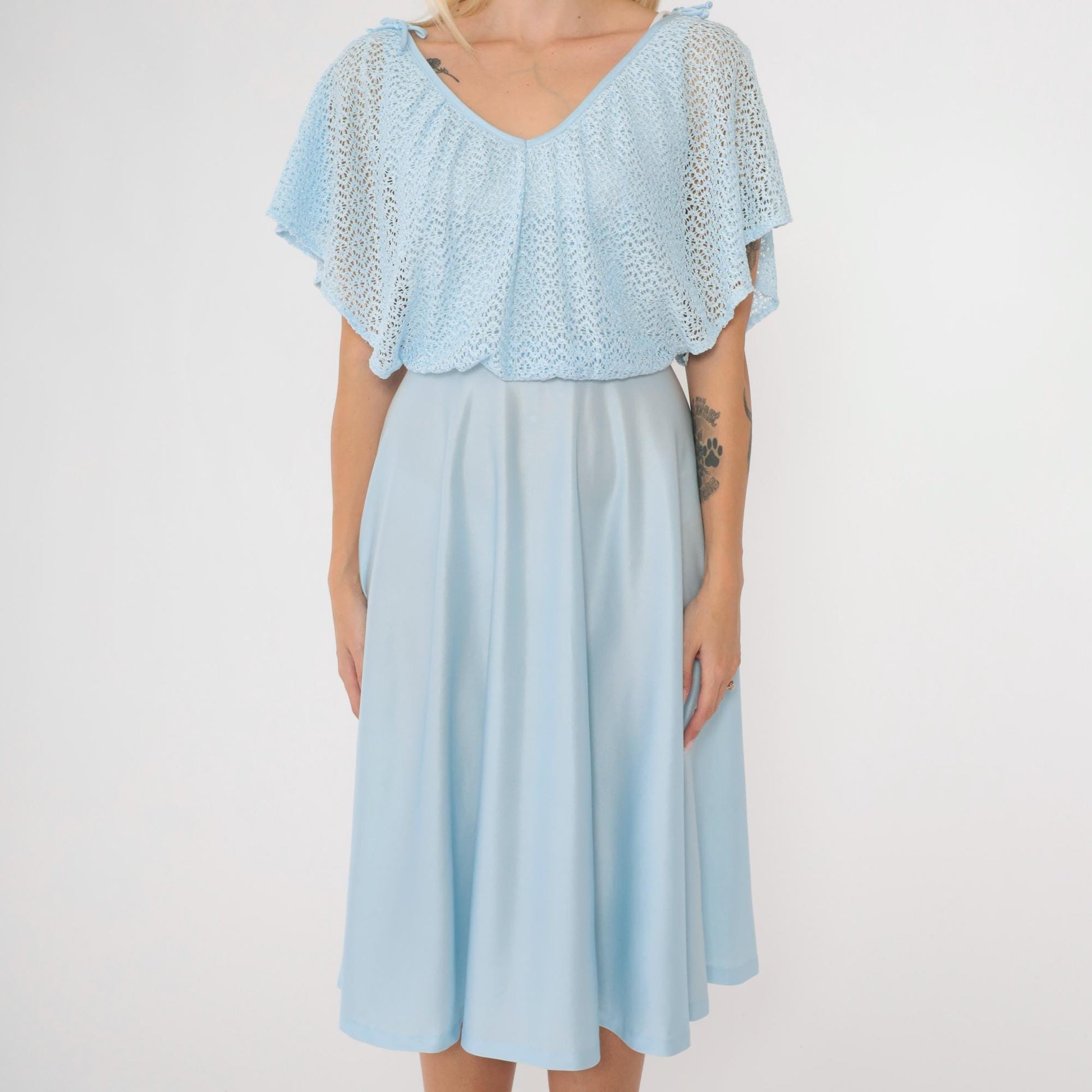 1970s Baby Blue Crochet Capelet Midi Dress High Waist Split Sleeve Extra Small