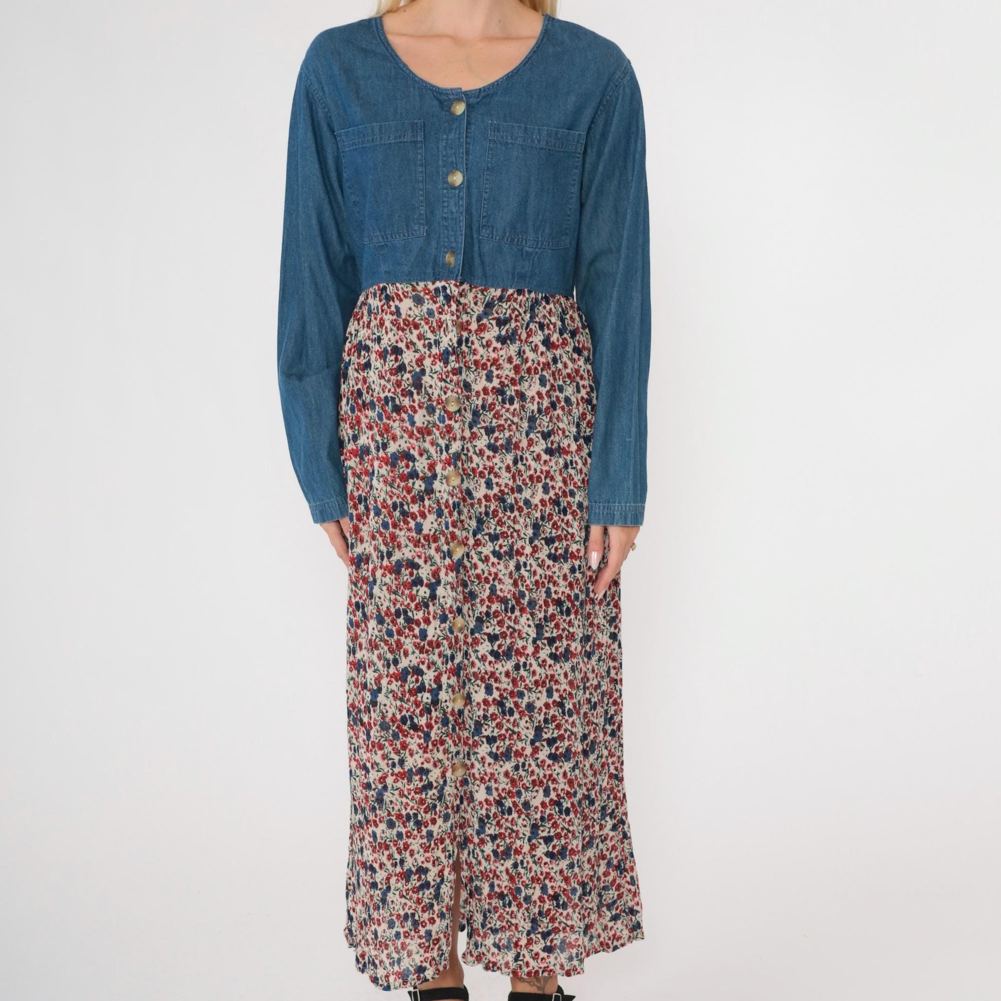90s Access Floral Denim Maxi Dress Blue Chambray Button-Up High Waist Large