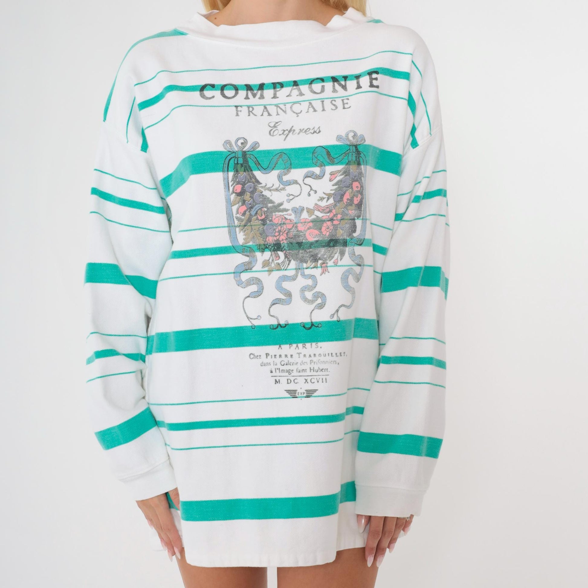 90s Compagnie Française Striped Graphic Shirt Teal White Long Sleeve Medium