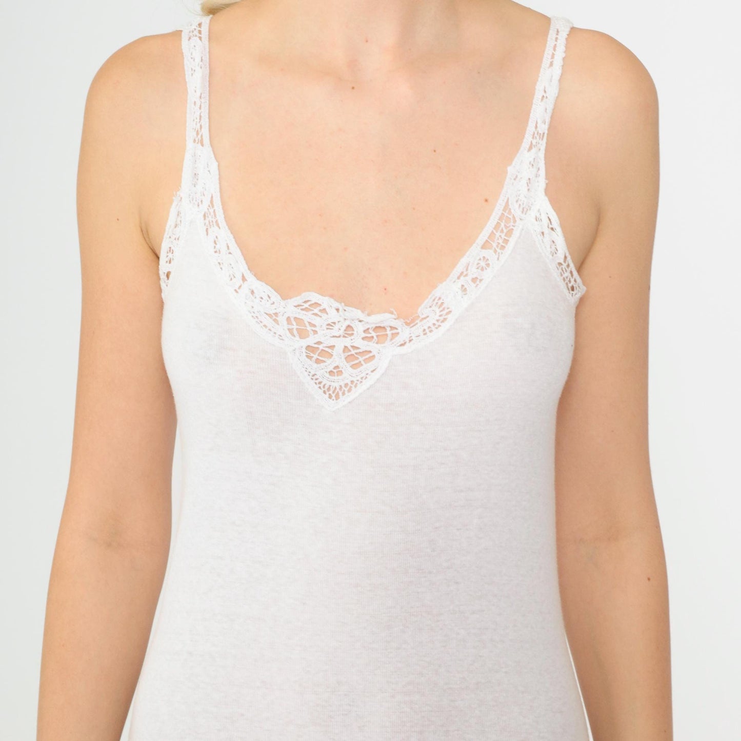 90s White Cotton Slip Dress Midi Lace Trim Spaghetti Strap Small