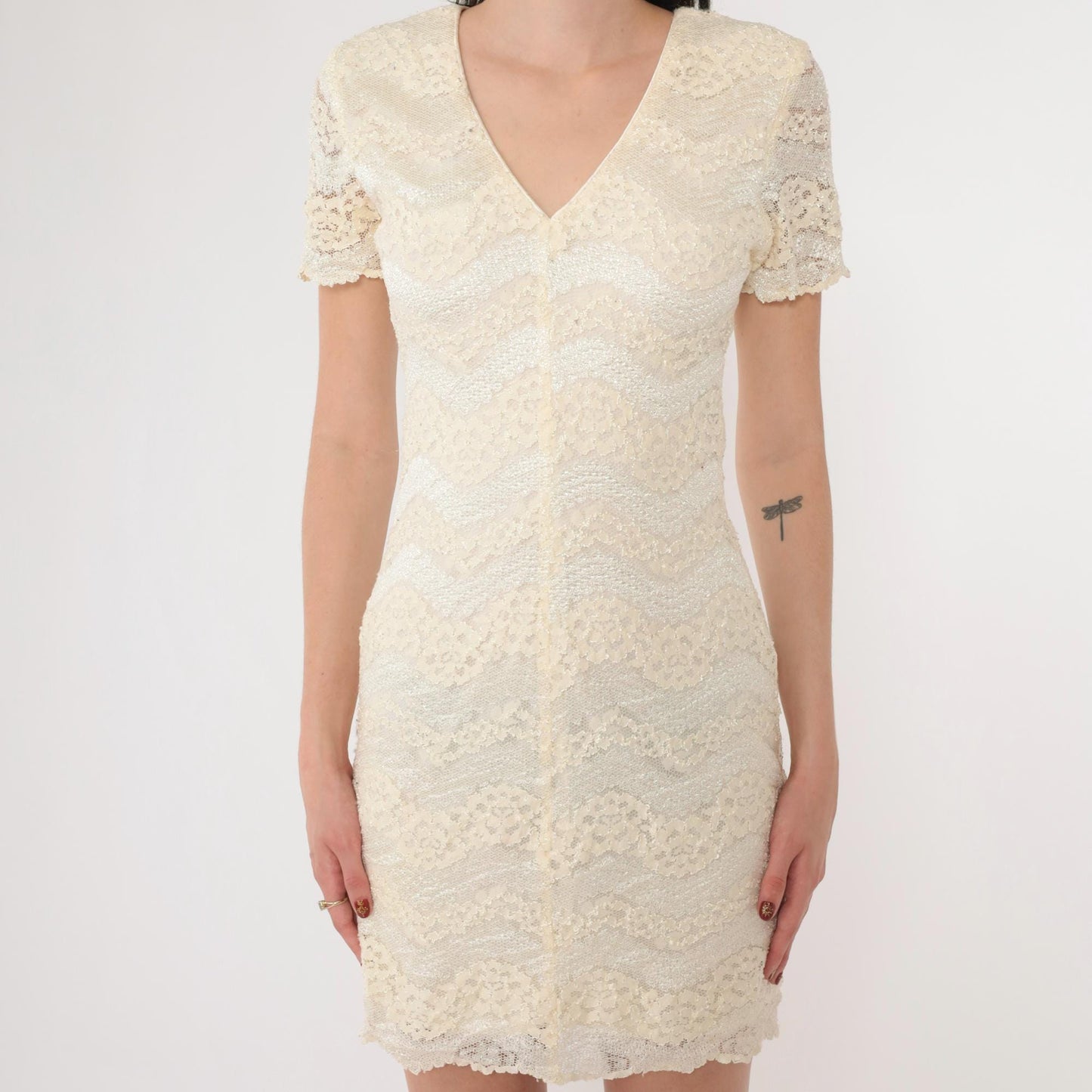 90s Scarlett Cream Lace Mini Dress Zigzag V-Neck Short Sleeve Small