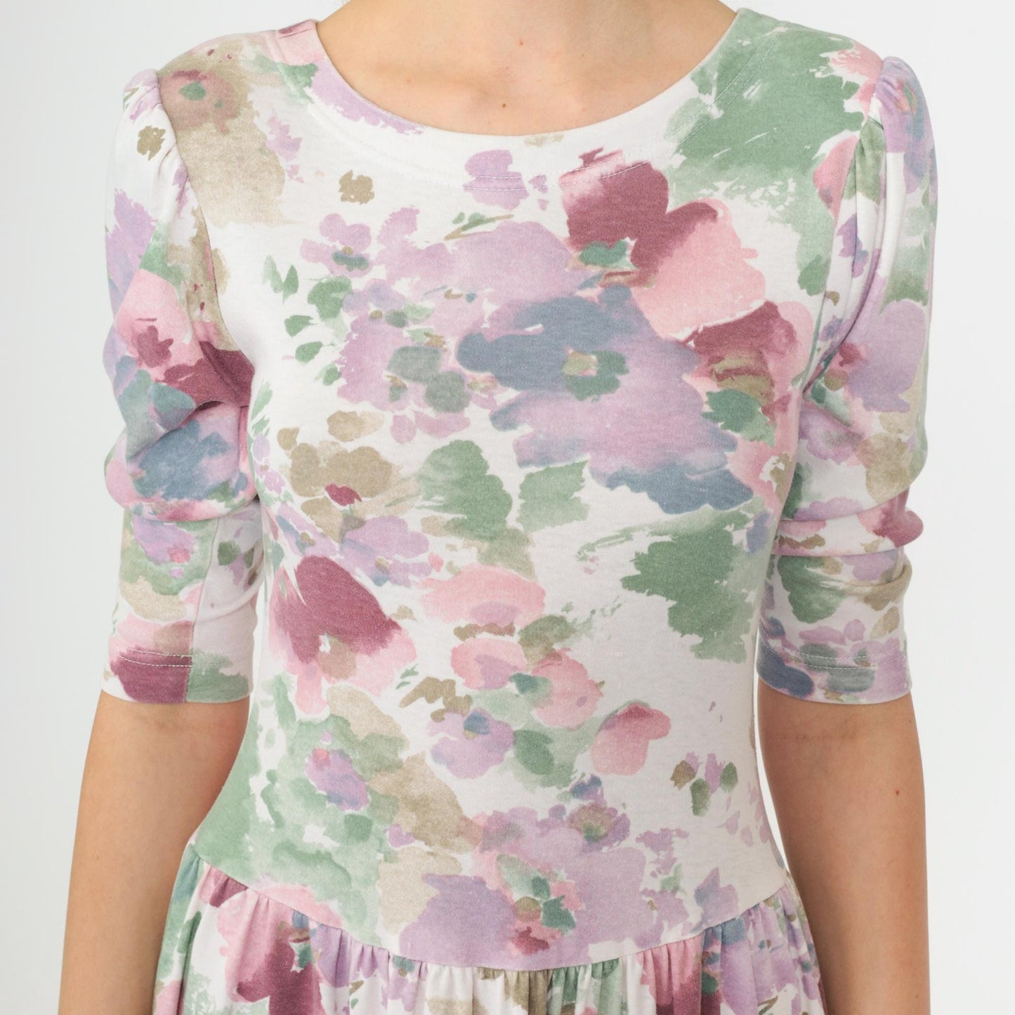 80s Floral Midi Dress Puff Sleeve Drop Waist Watercolor Print White Small