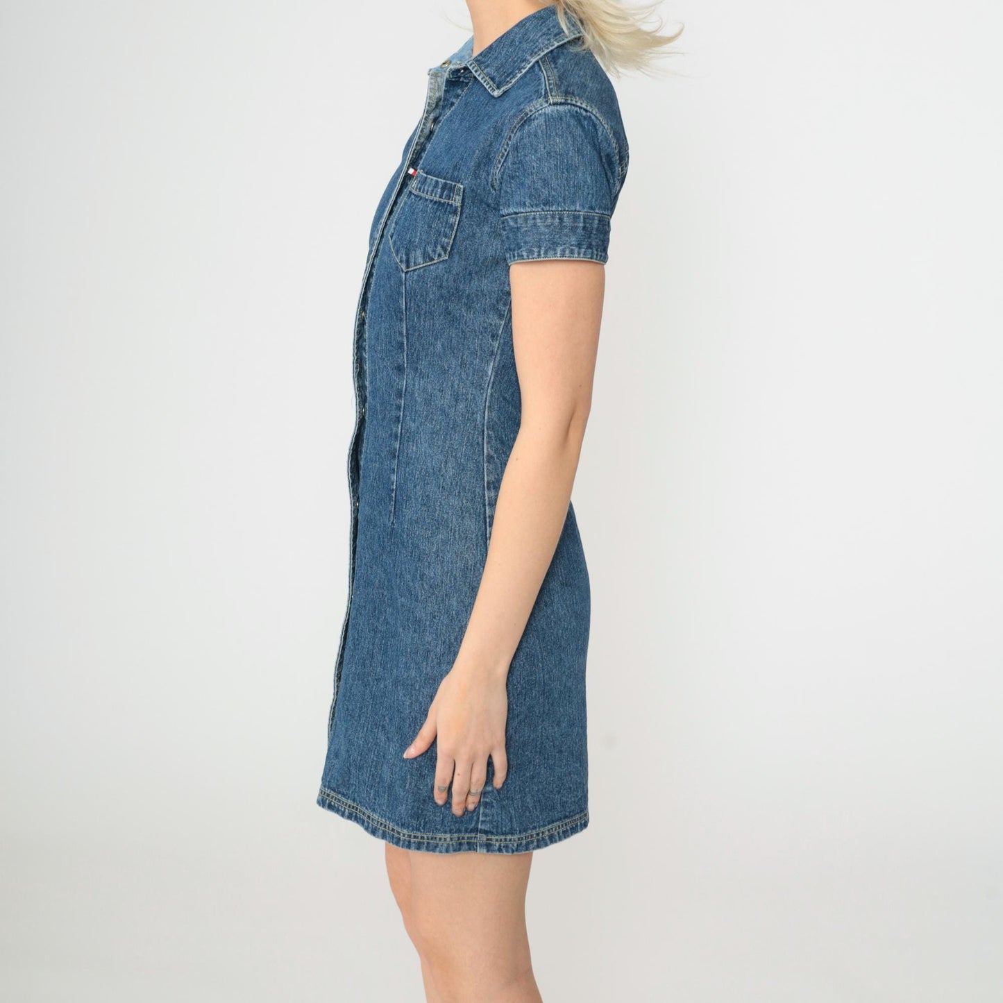 90s Tommy Hilfiger Blue Denim Mini Dress Button-Up Short Sleeve Extra Small
