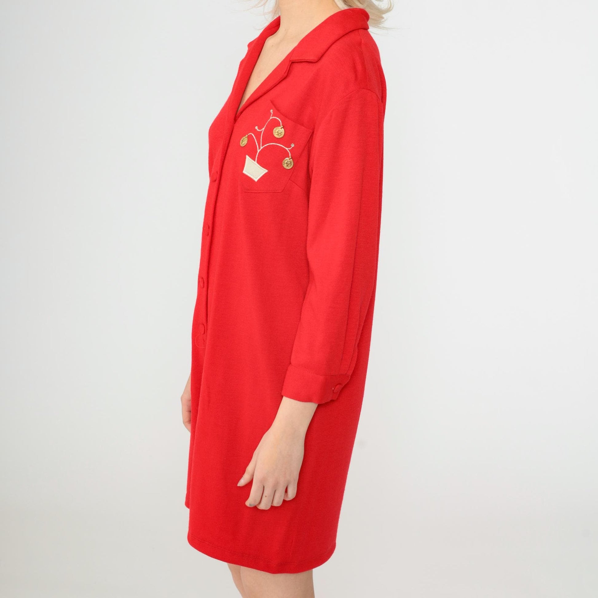 70s Red Shift Dress Embroidered Money Tree Pocket Gold Coin Rhinestone 3/4 Sleeve Mini Small