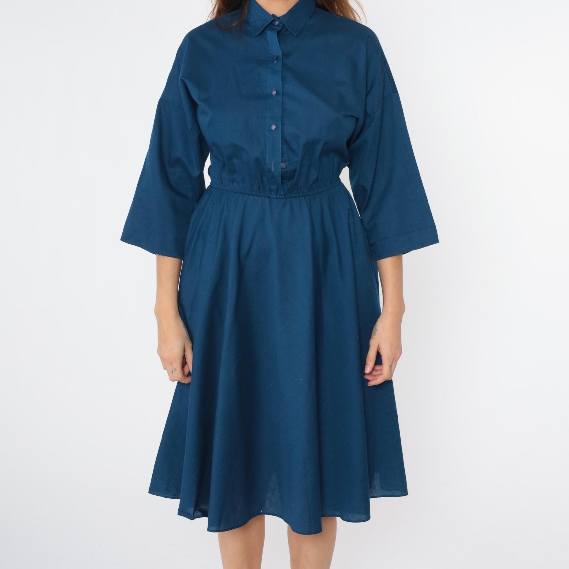 80s The American Shirt Dress Navy Blue Button-Up Midi Collared Small Medium