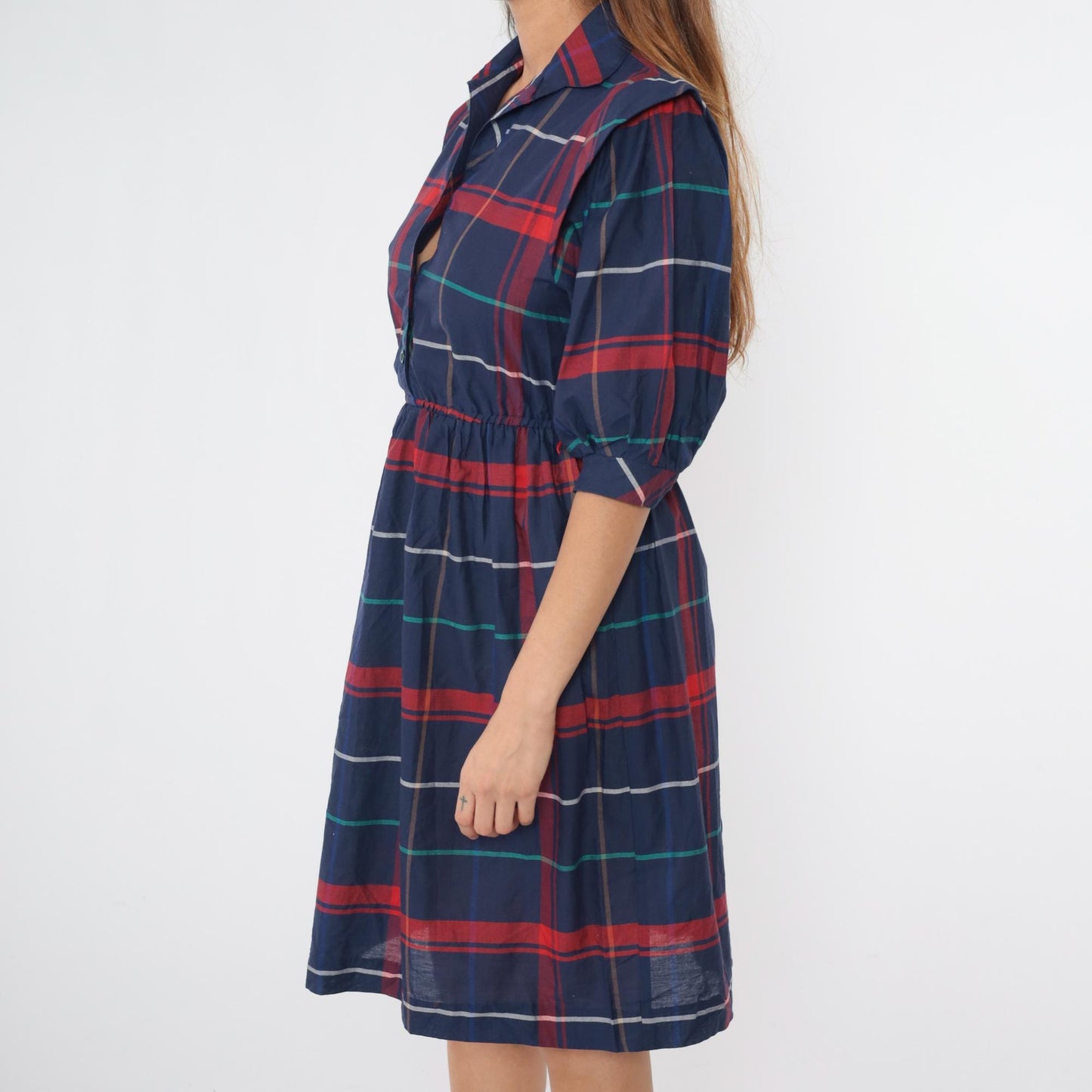 80s Dark Blue Plaid Button-Up Midi Dress High Waist Collar Half Sleeve Extra Small