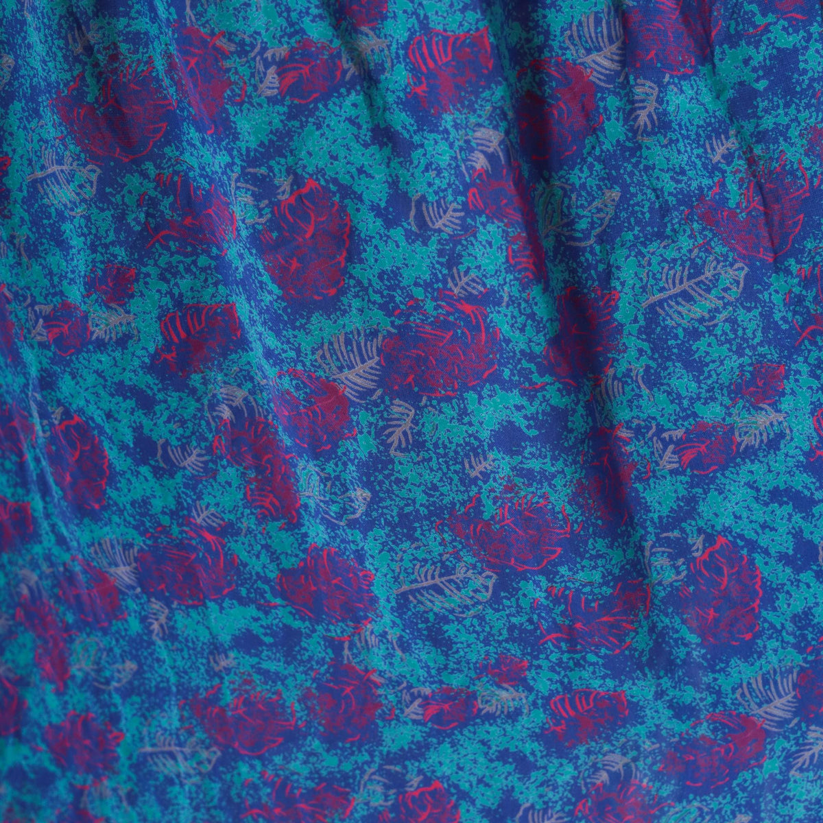 80s Abstract Leaf Print Midi Dress Puff Sleeve Button Up Turquoise Small