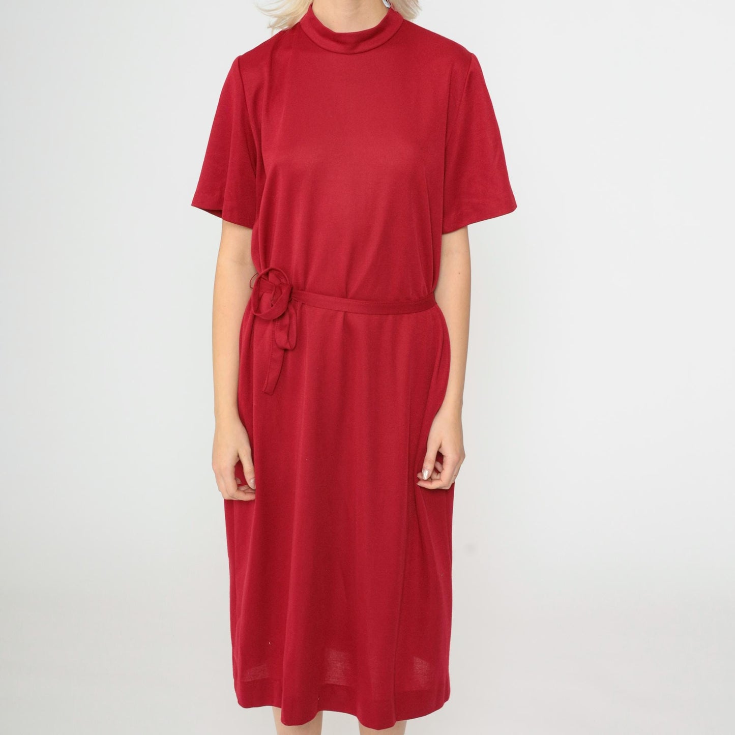 70s Dark Red Shift Dress Mock Neck Midi Short Sleeve Belted Medium