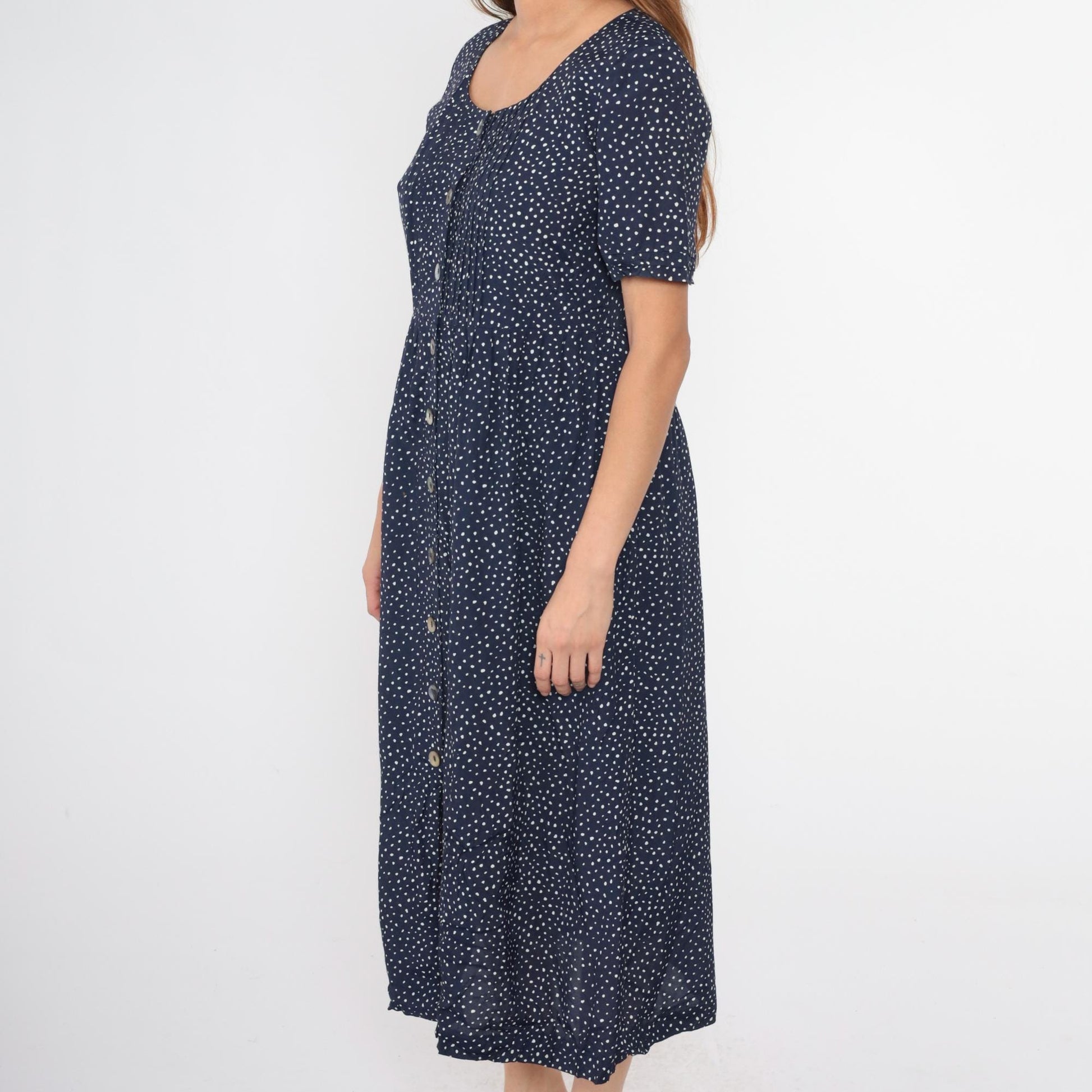 90s Karin Stevens Navy Polka Dot Midi Dress Button Up High Waist Medium 8