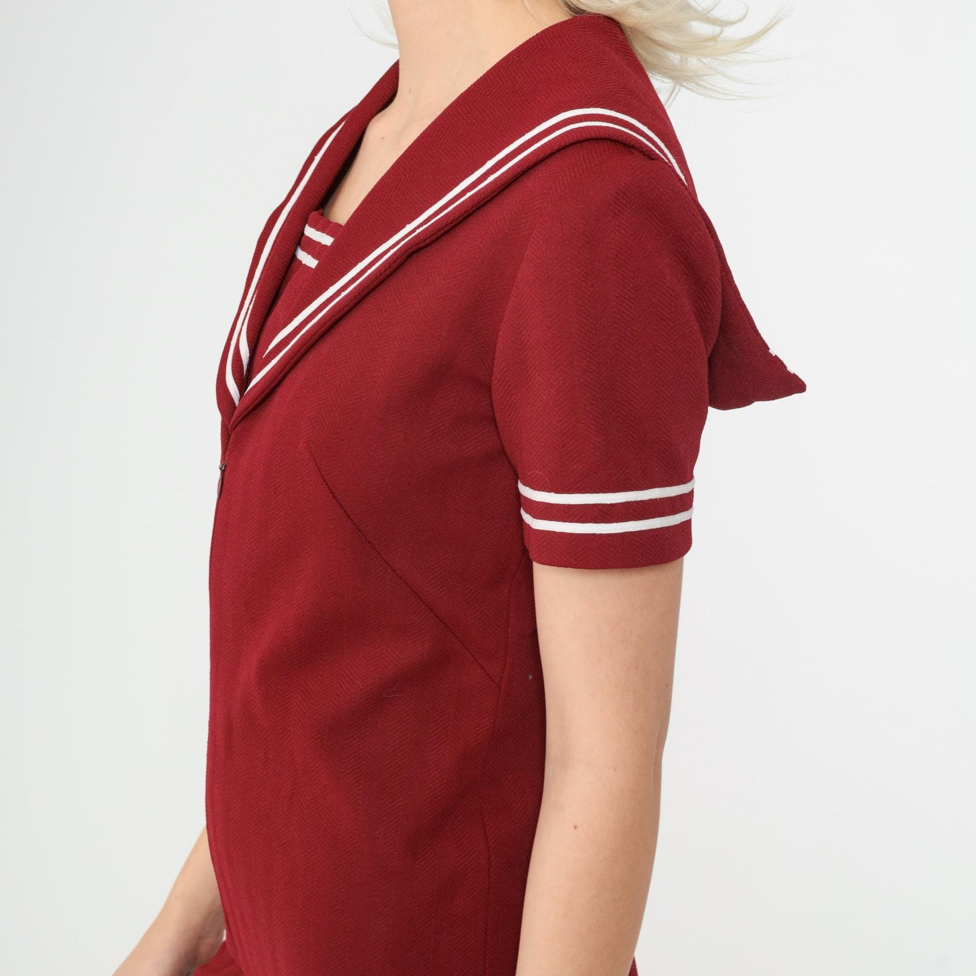 70s Sailor Collar Jumpsuit Burgundy Bell Bottom Zip Front Small