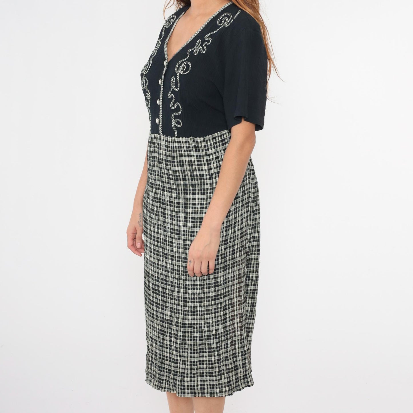 90s Black Plaid Midi Shirtdress High Waist Button Front Soutache Extra Large