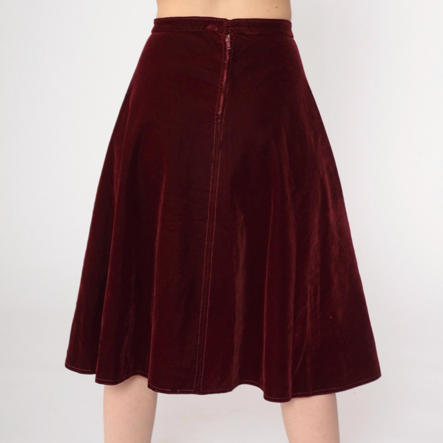 70s Burgundy Velvet Midi Skirt A-Line High Waisted Small