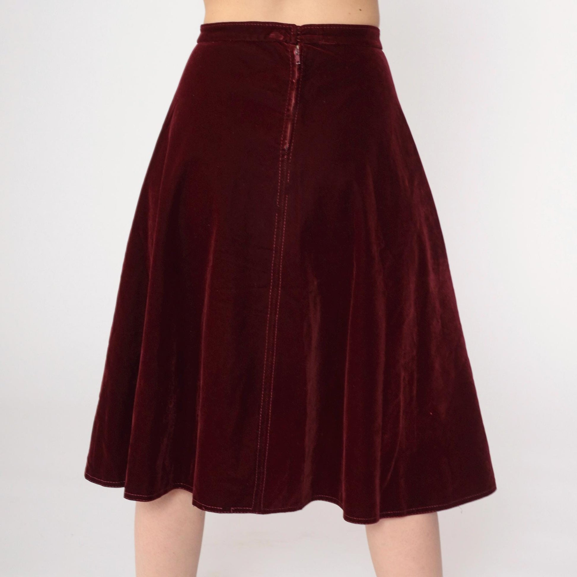 70s Burgundy Velvet Midi Skirt A-Line High Waisted Small