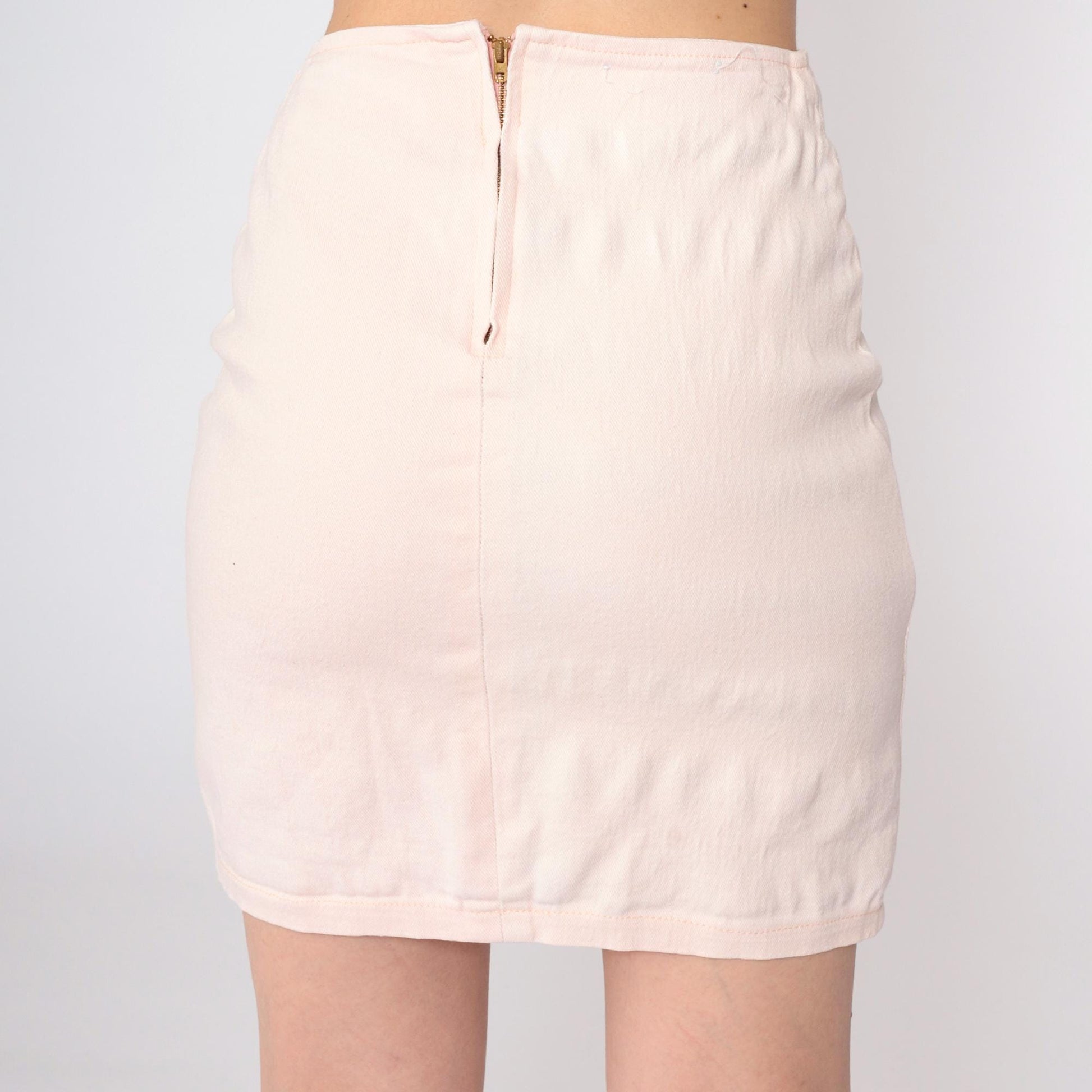 90s Baby Pink Denim Mini Skirt High Waisted Bodycon Jean Skirt Medium
