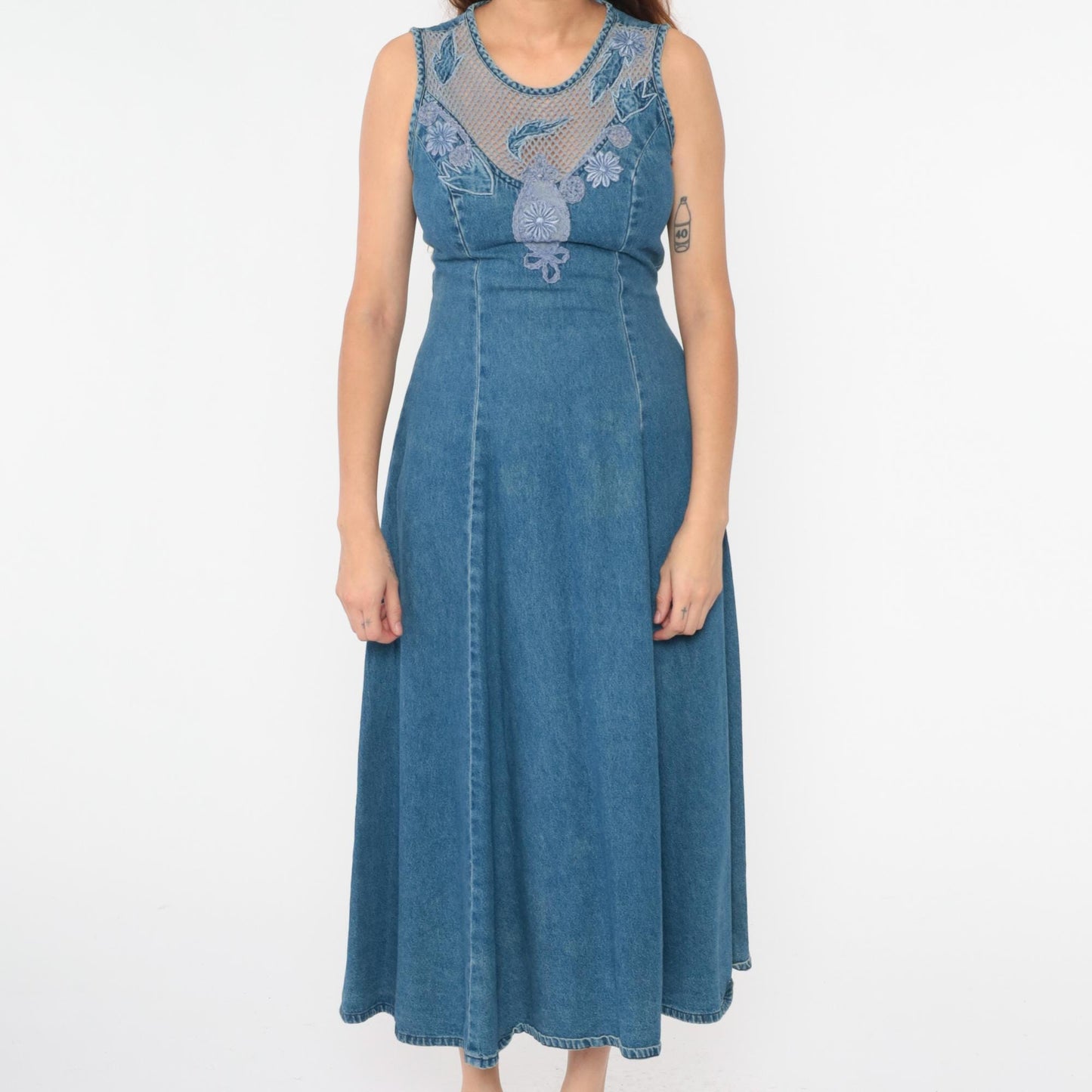 90s Styleworks Denim Dress Floral Appliqué Mesh Neckline Maxi Small