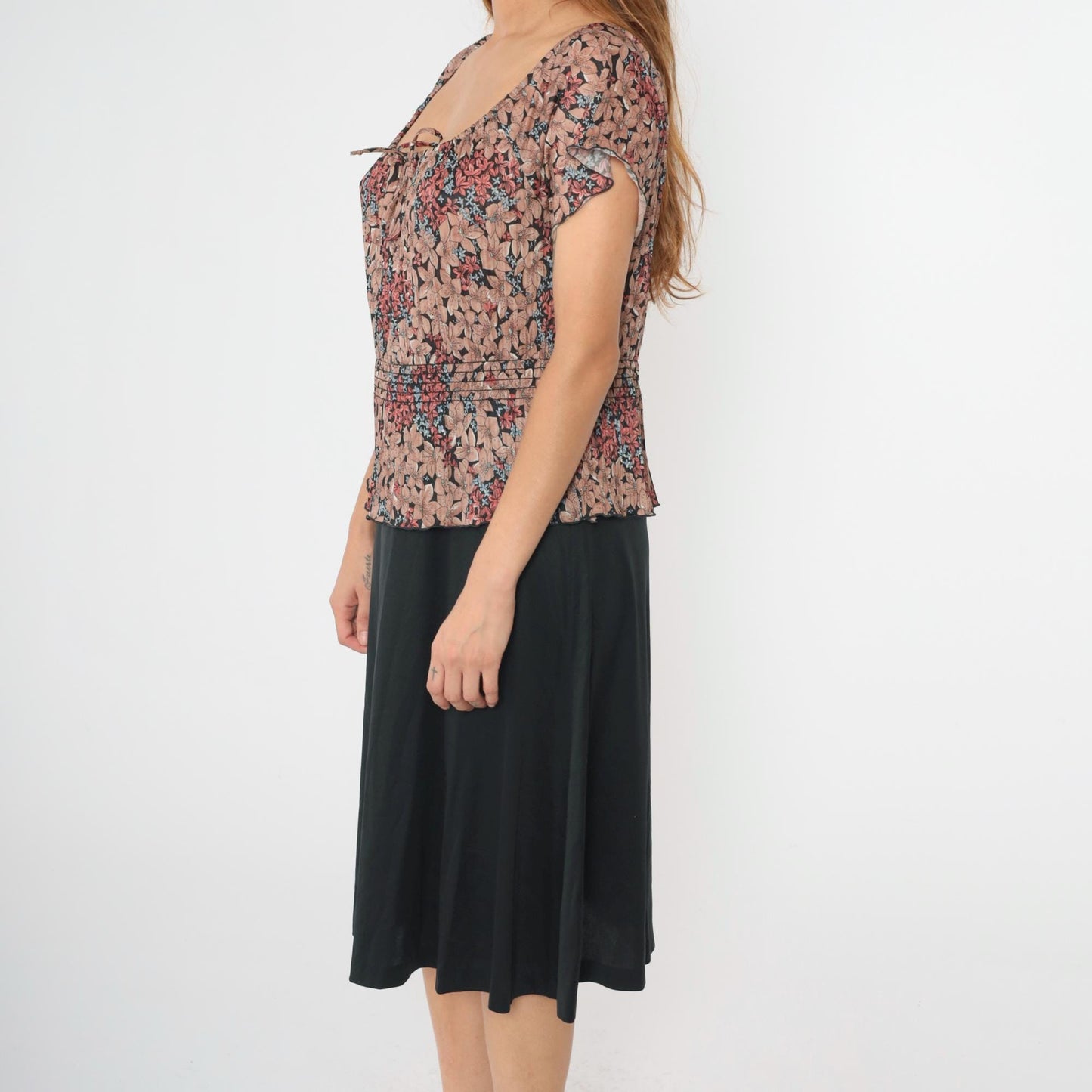 70s Floral Midi Dress Black Peplum Smocked Waist Flutter Sleeve Large