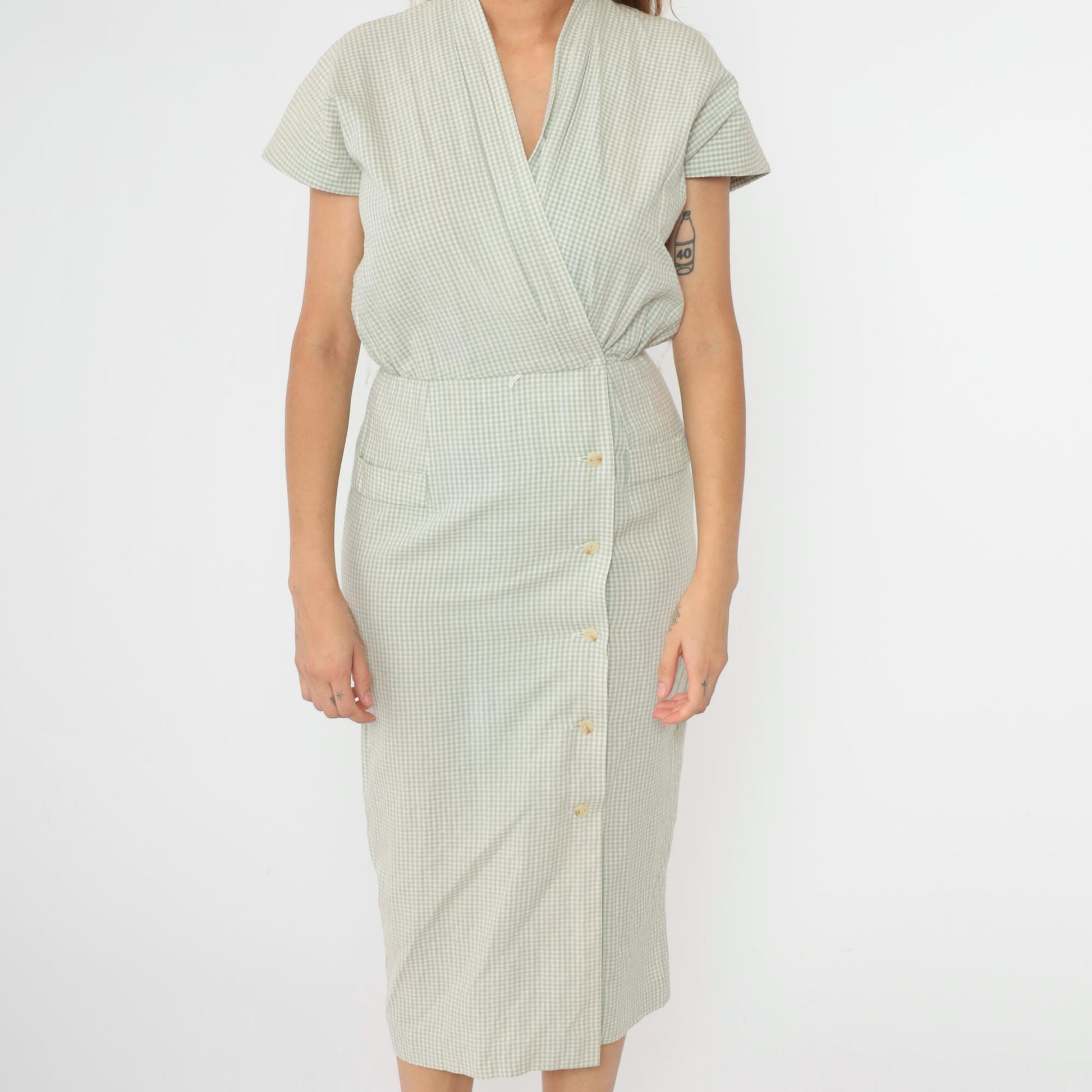 90s Cynthia Howe Gingham Shirtdress Sage Green Midi High Waist Small