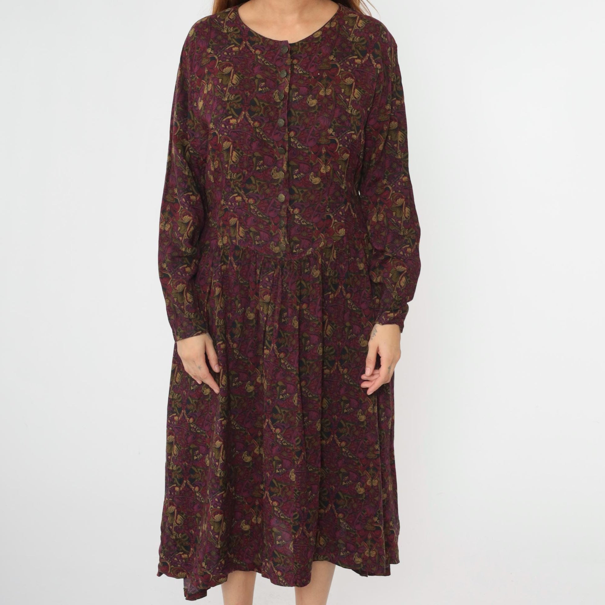 90s Ivy Impressions Floral Midi Shirtdress Purple Rayon Button Up Large