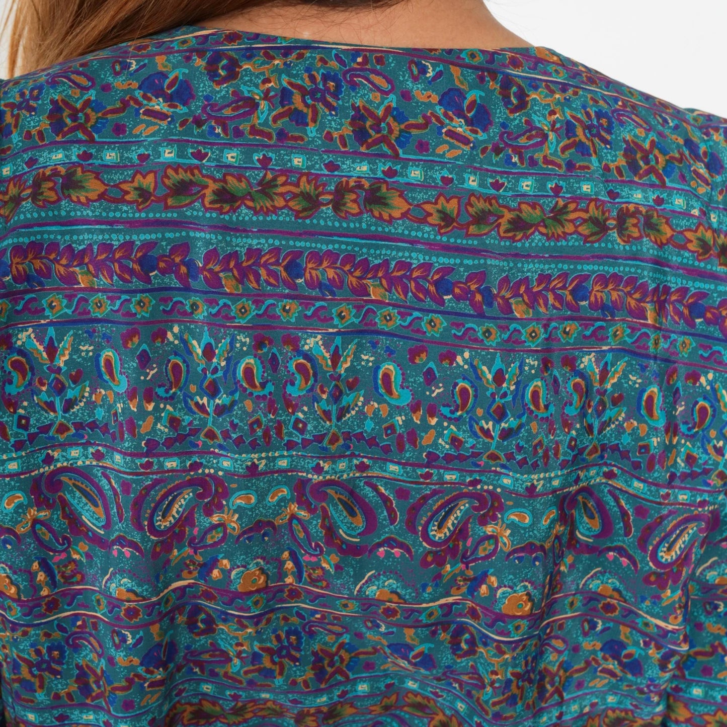 80s Blue Paisley Striped Midi Dress Puff Sleeve High Waisted Button Up Medium